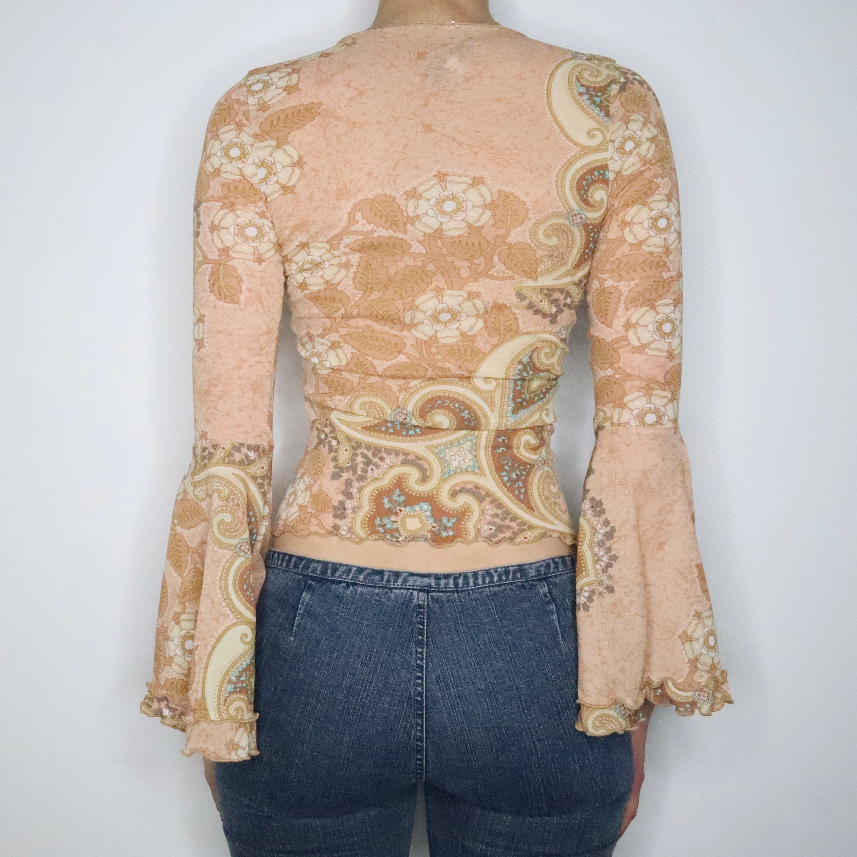 Tan Bell Sleeve Mesh Blouse (XS)