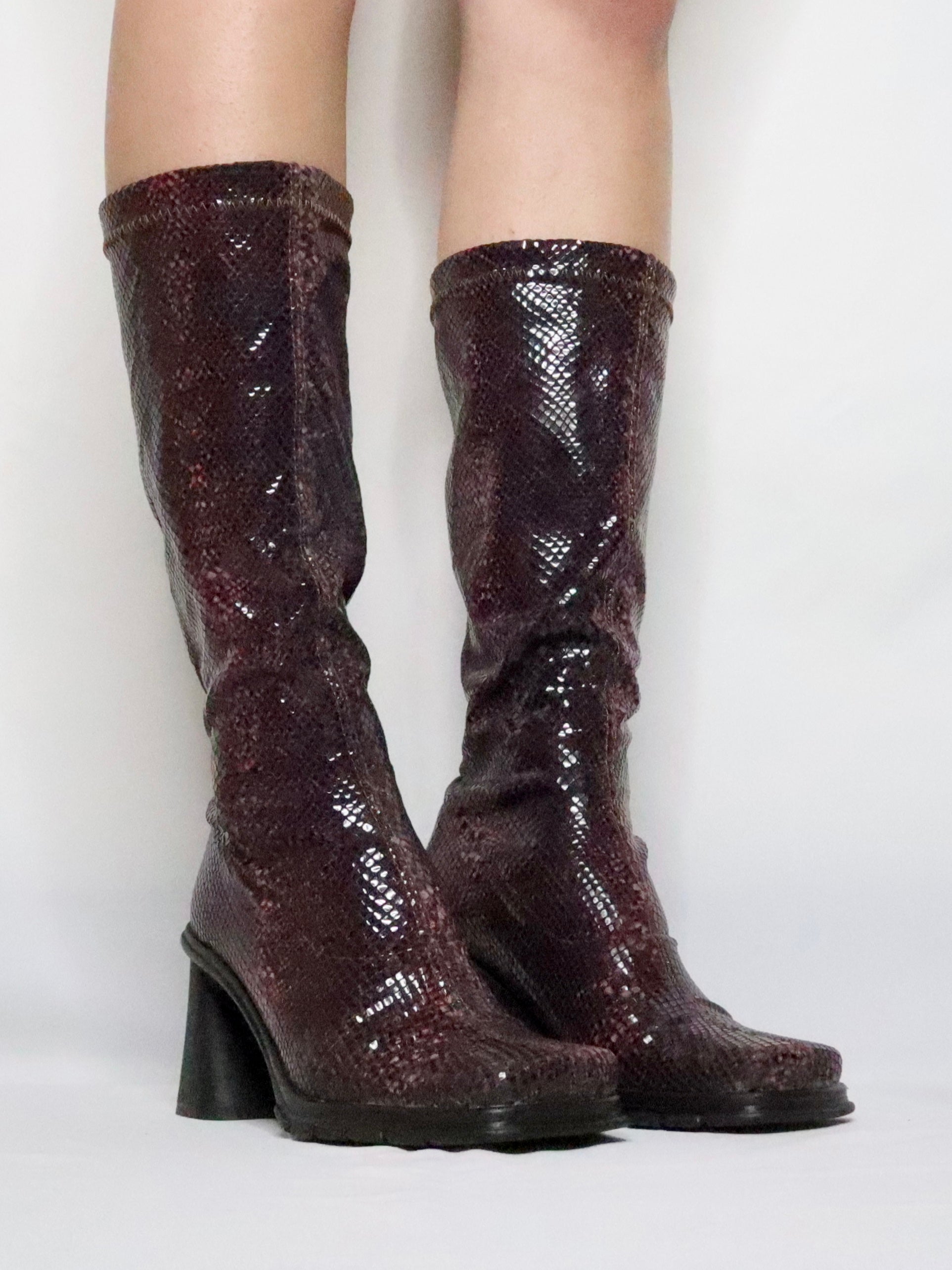 Maroon Faux Snakeskin Boots (6 US/36 IT)