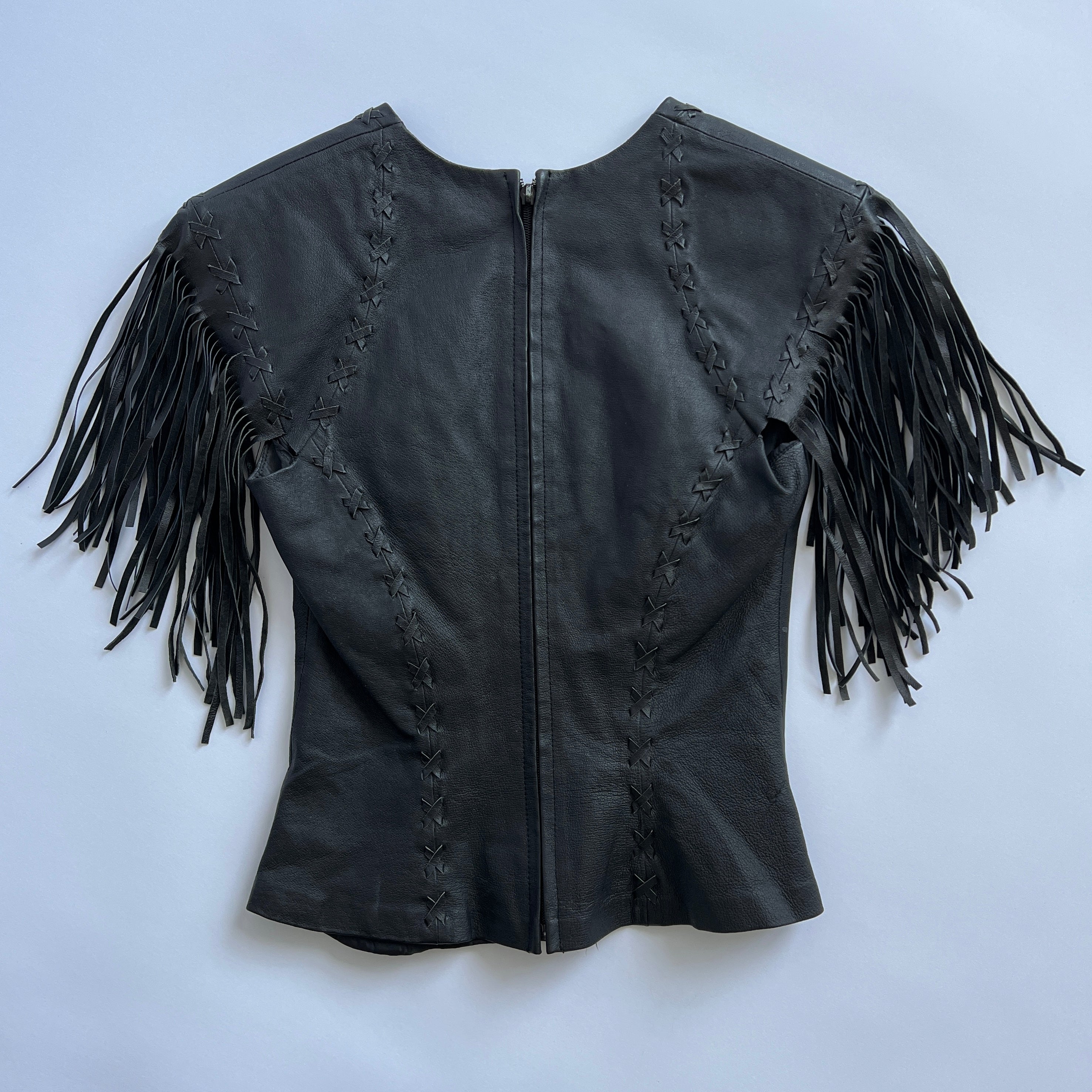black leather stitch & fringe top