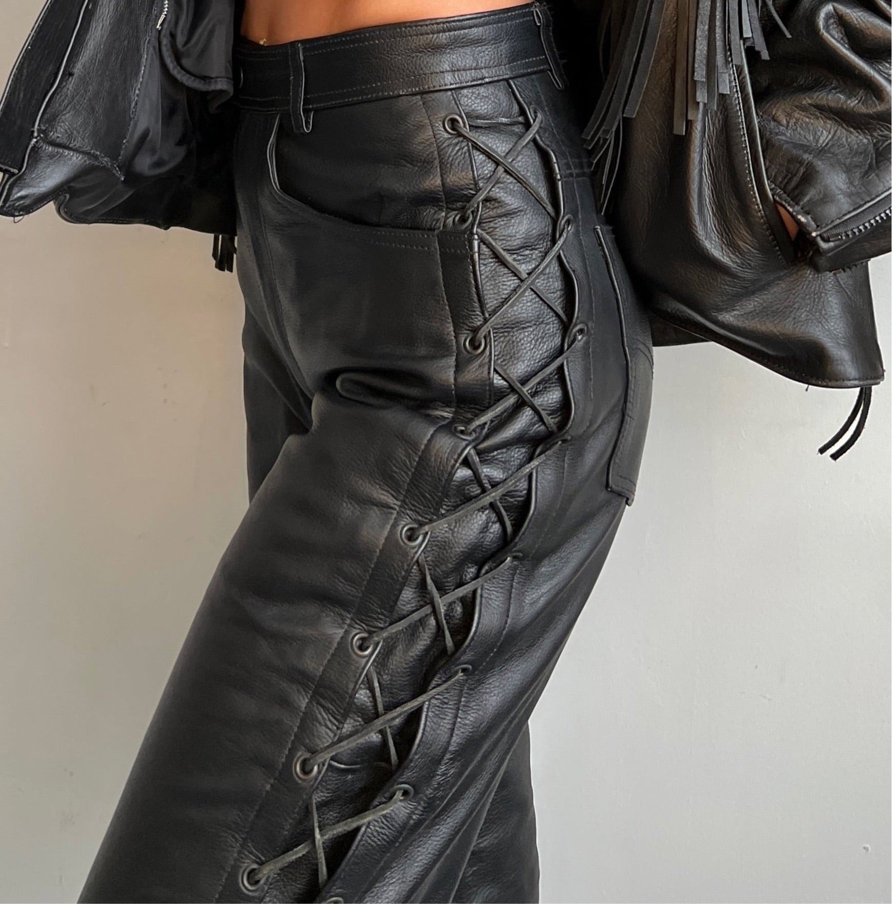 Vintage black leather lace up pant