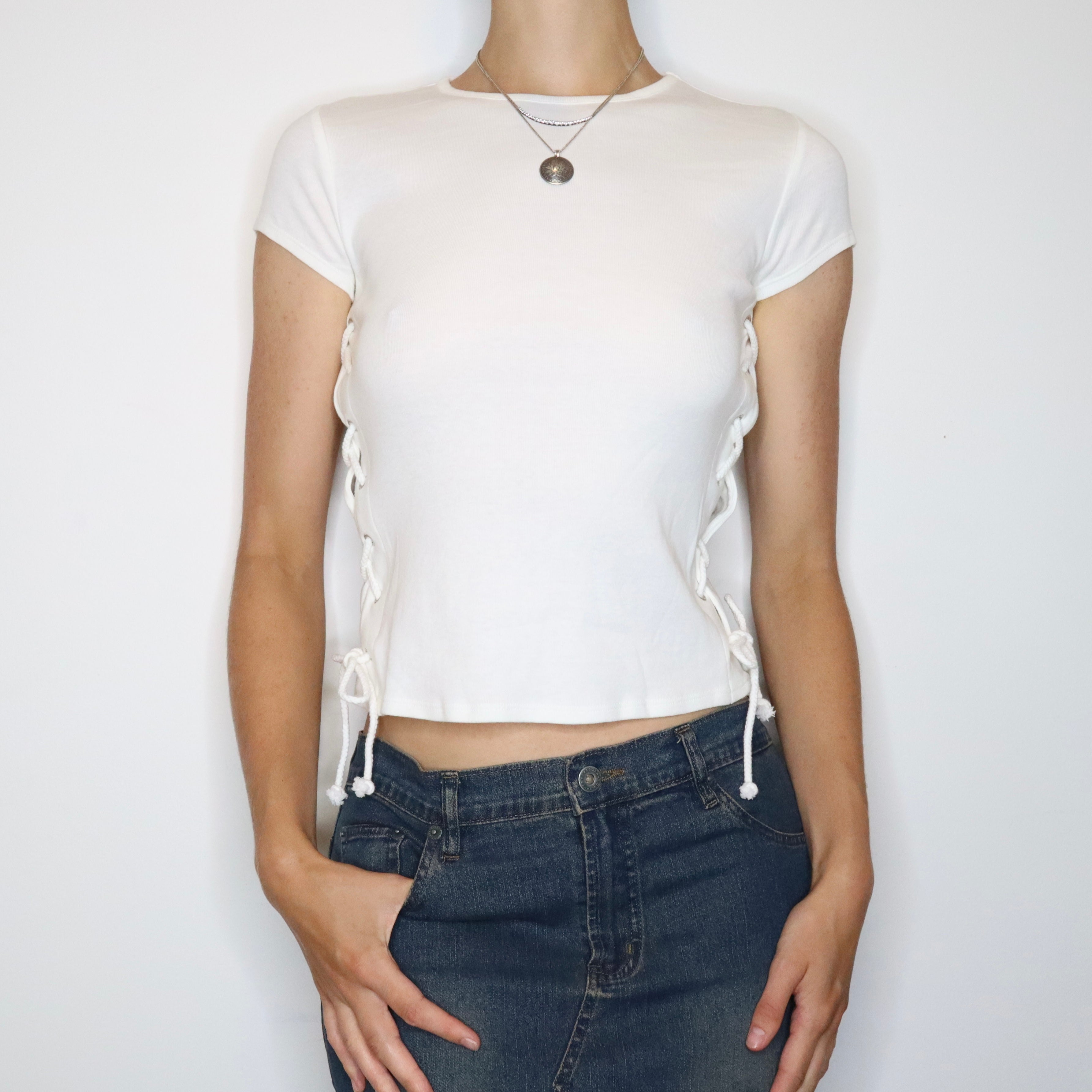 White Lace Up Baby Tee (S/M) 