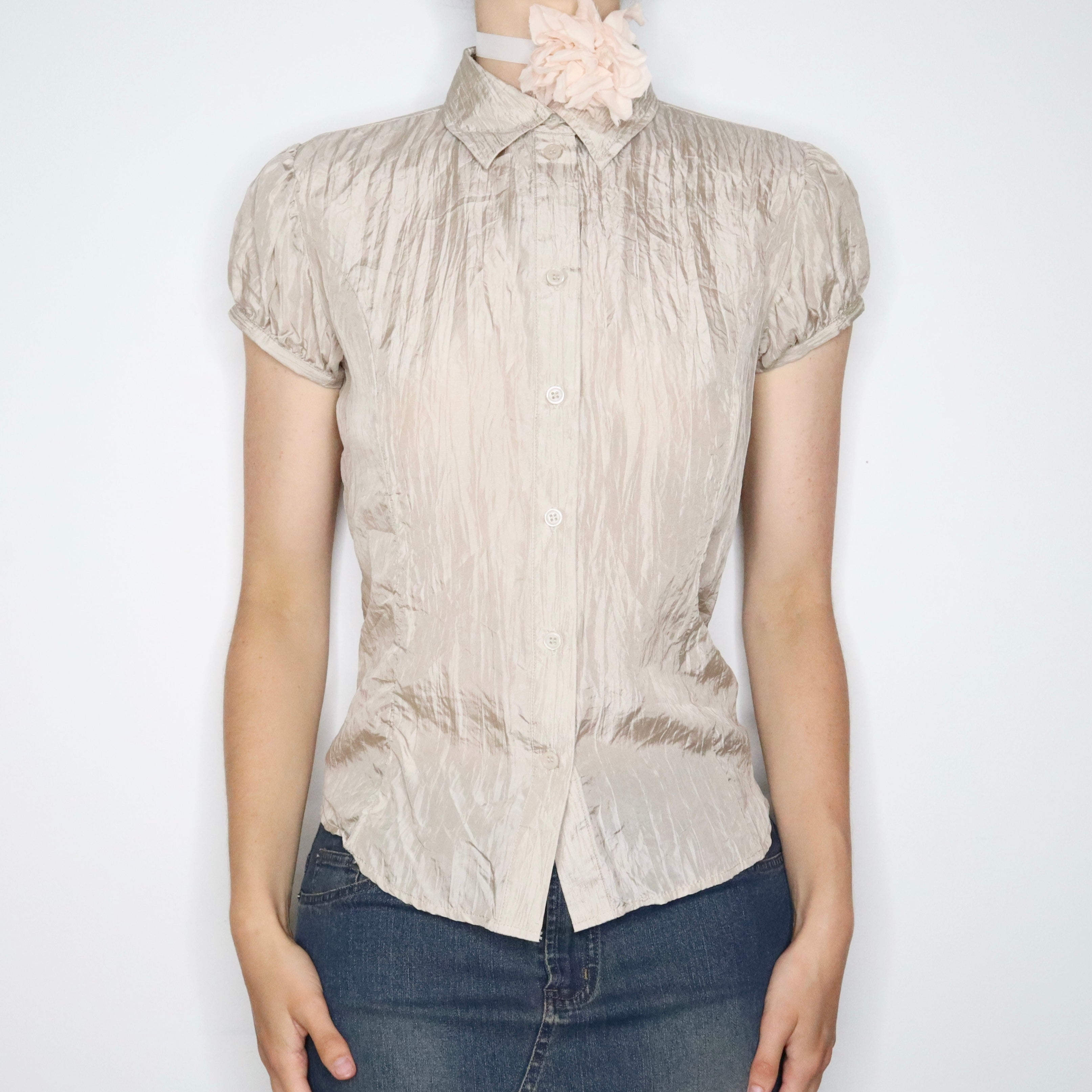Beige Silk Button Up Blouse (Medium) 