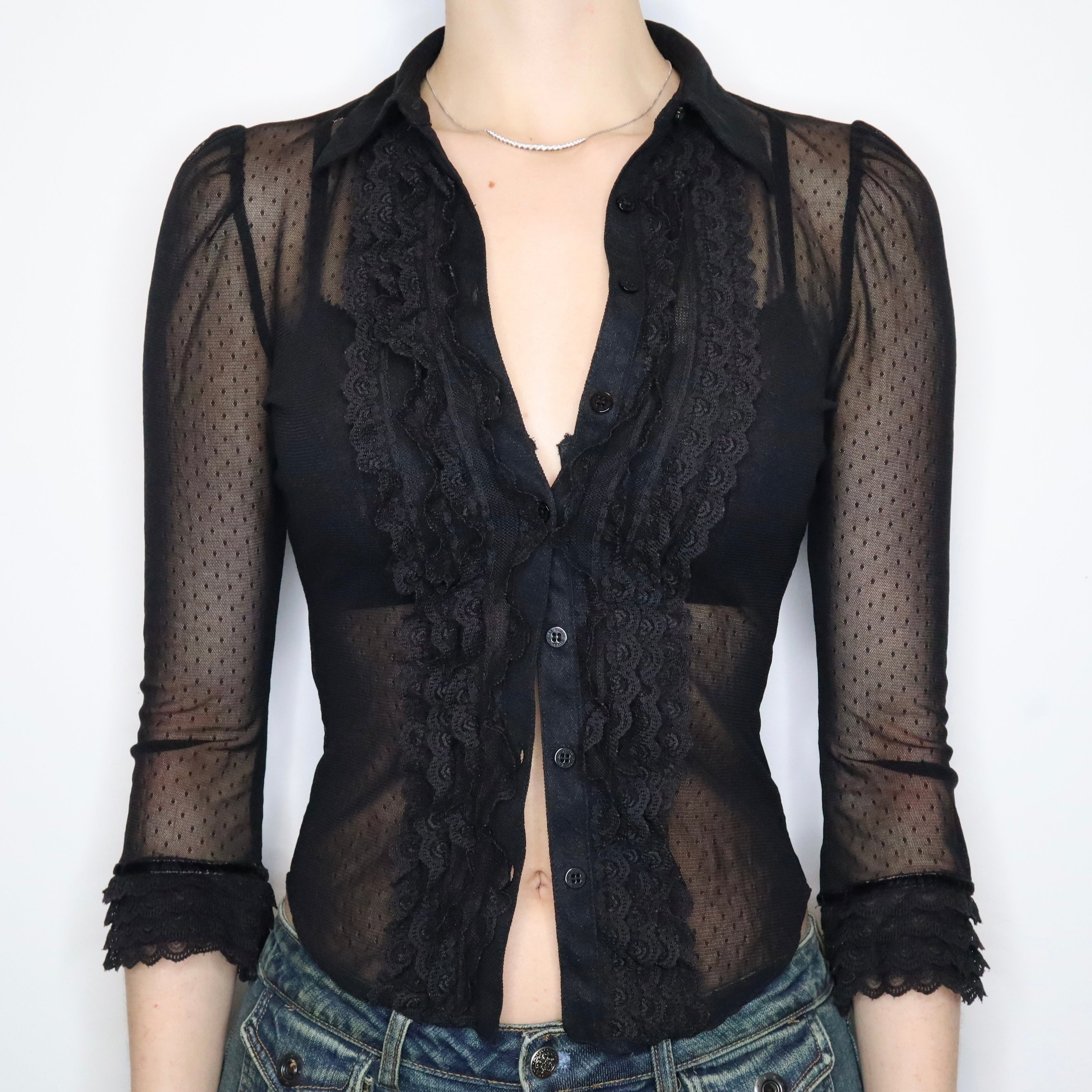 Black Mesh Ruffle Blouse (Small)