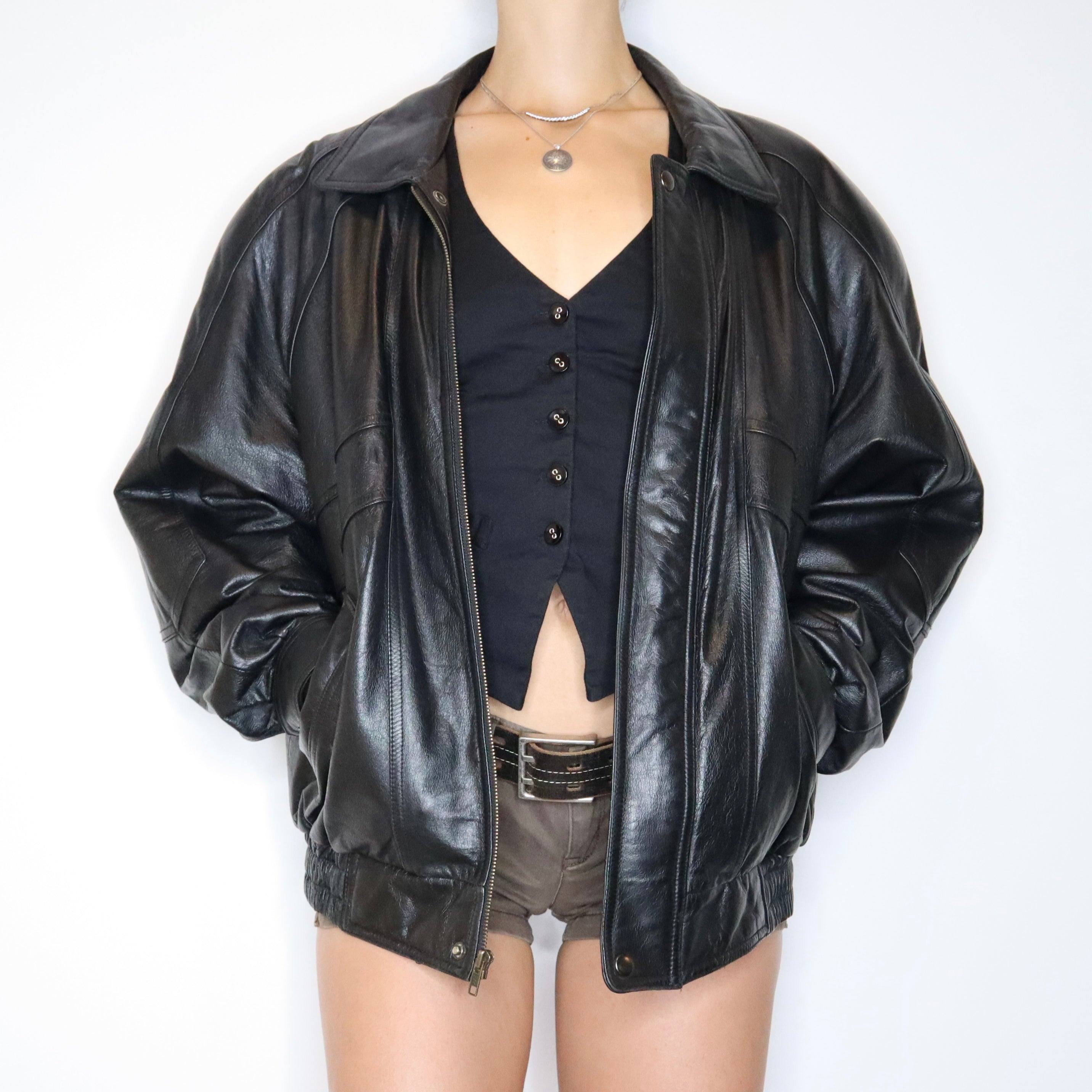 Black Leather Bomber Jacket (L-XL) 