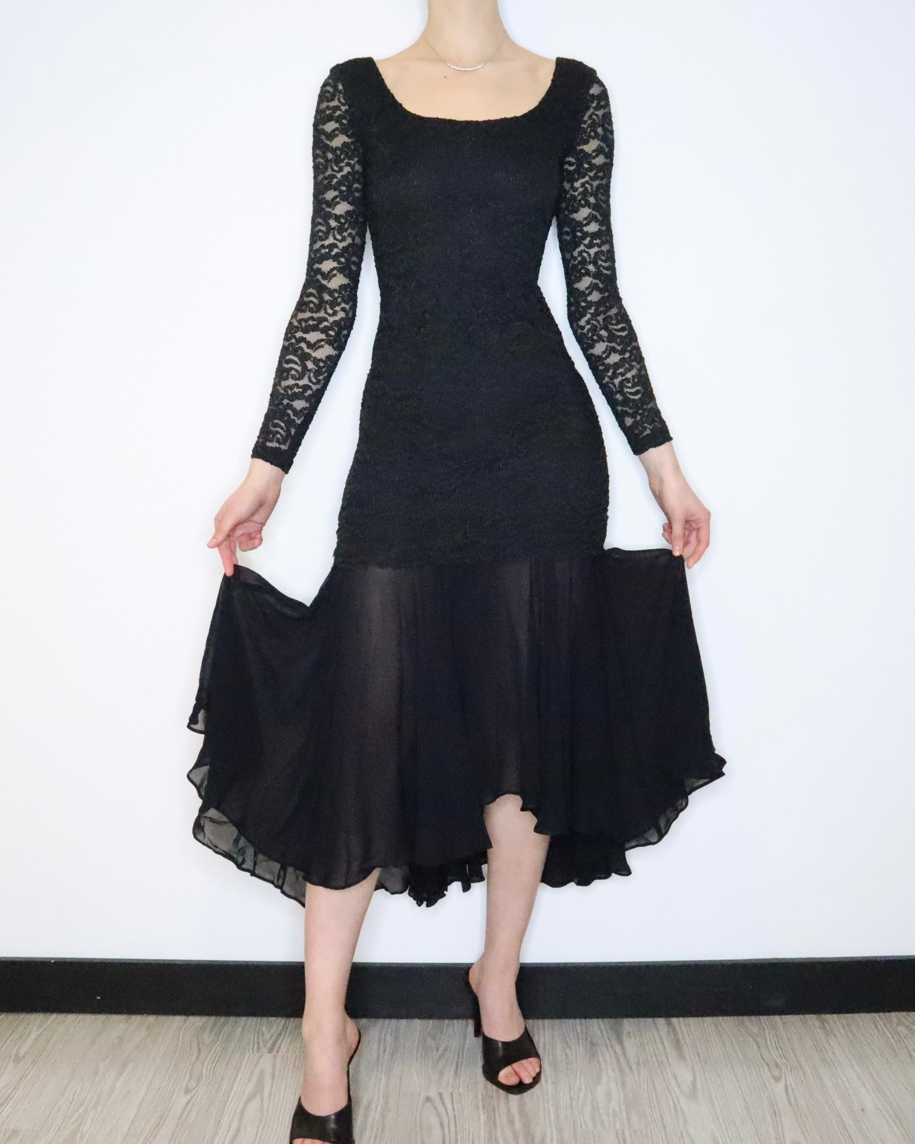 90s SHELLI SEGAL Black Lace Gown (S) 