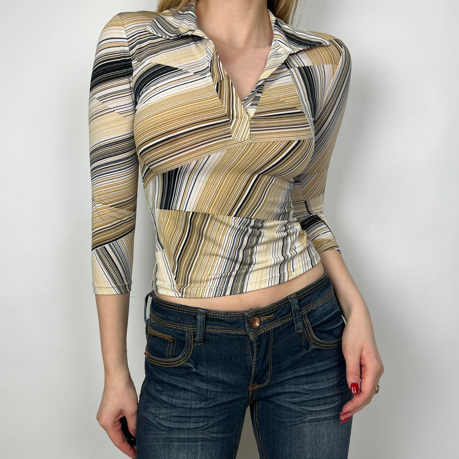 90s Slinky Collared Fitted Stripped Blouse (XS/S)