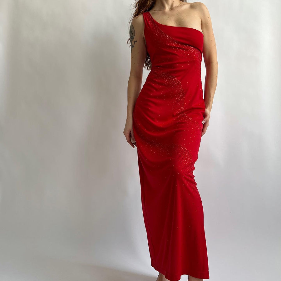 Y2K red glitter one shoulder dress (M/L)