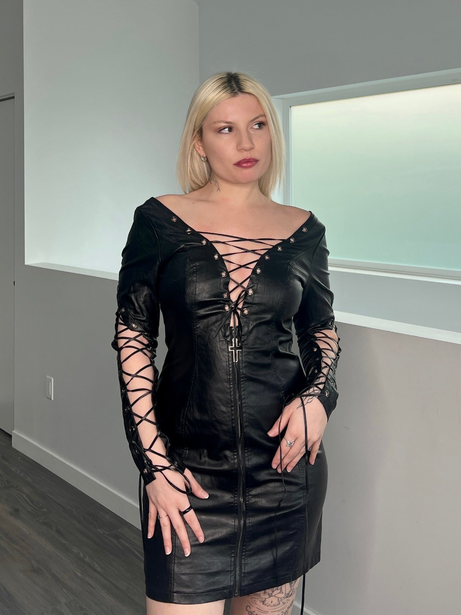 Leather Laceup Longsleeve Dress