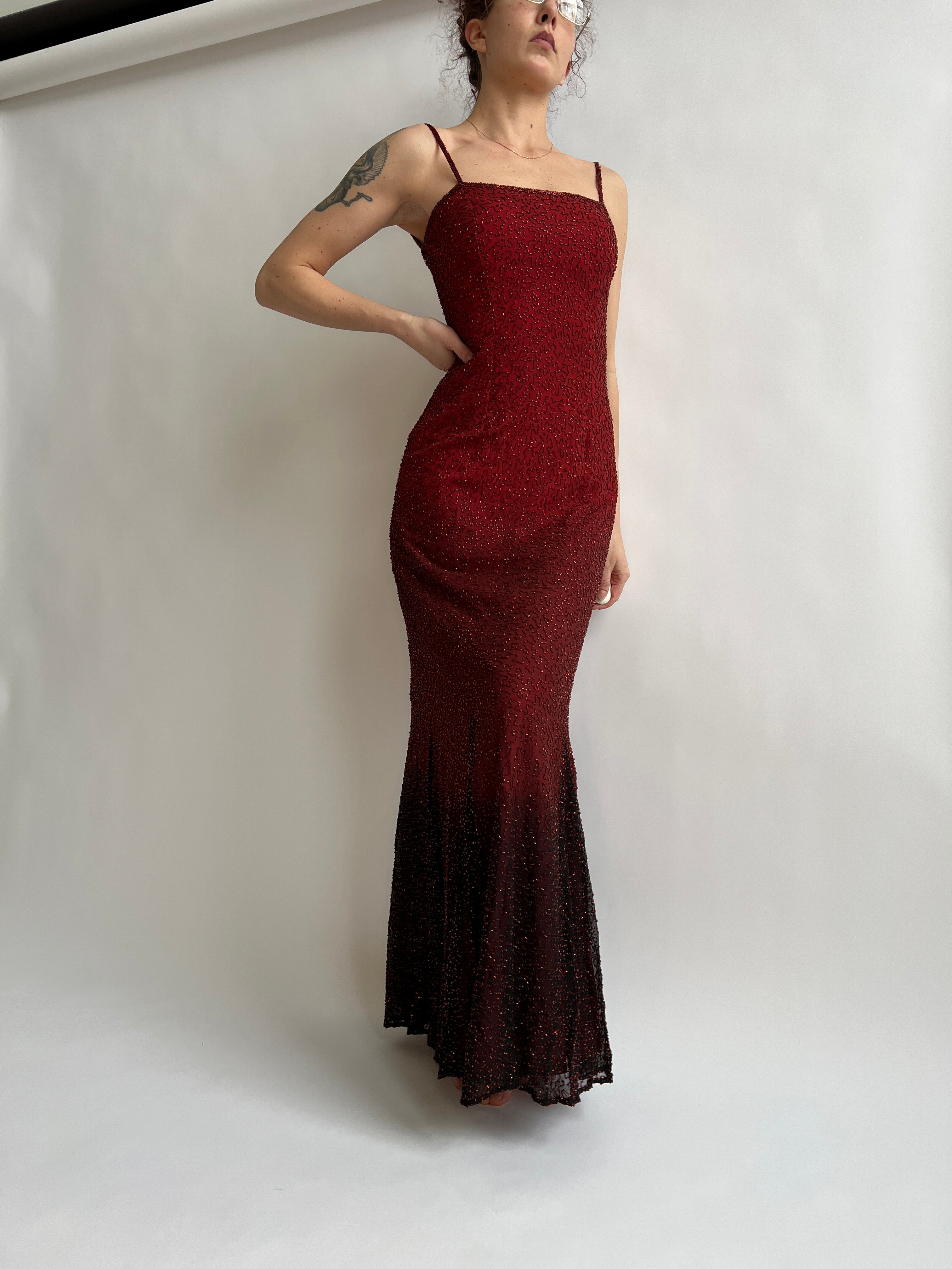 90s deep red ombré beaded formal dress