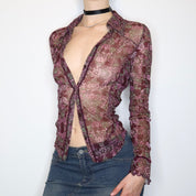 Purple Mesh Button Up Blouse (Medium) 