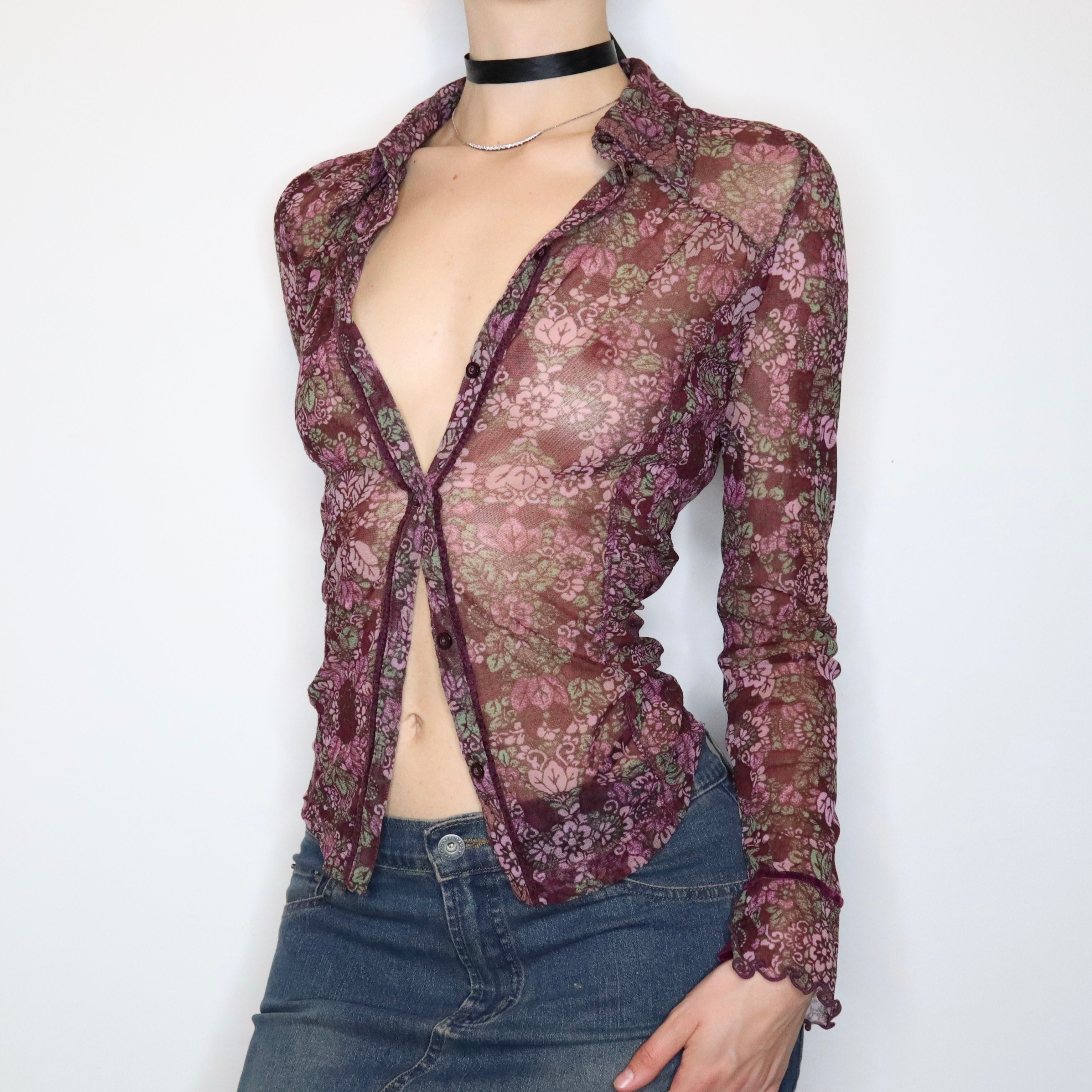 Purple Mesh Button Up Blouse (Medium) 