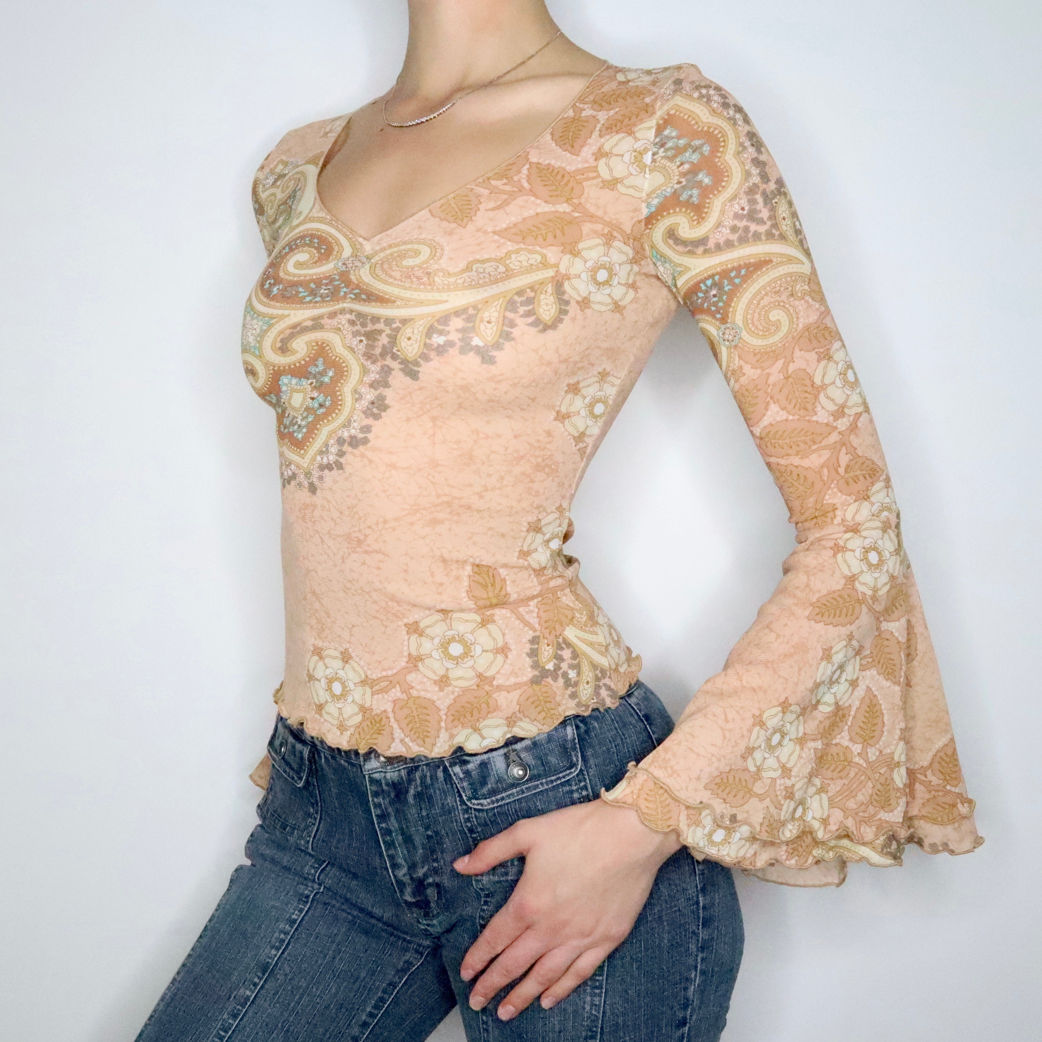 Tan Bell Sleeve Mesh Blouse (XS)