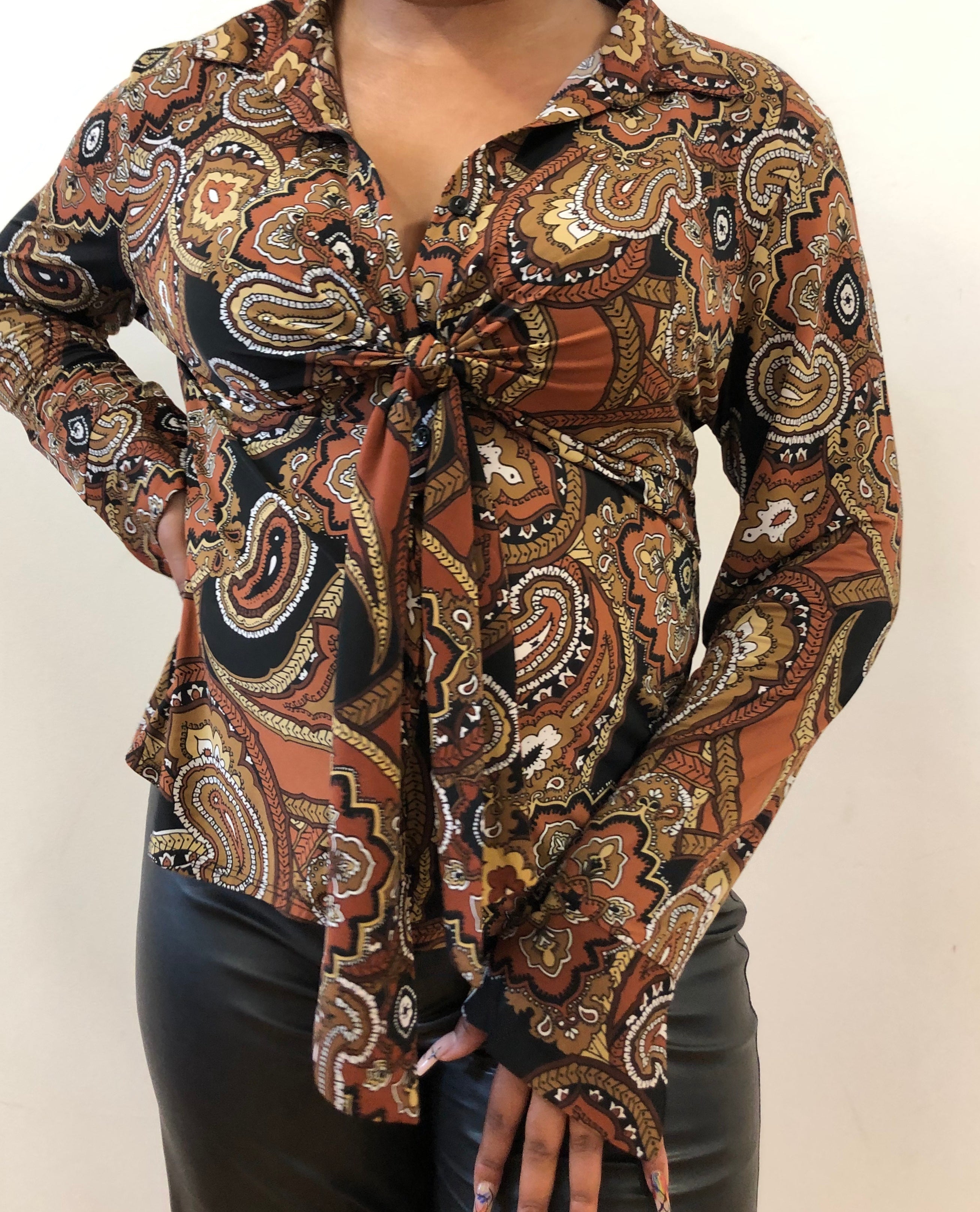 Brown tie button up top