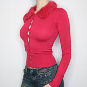 Pink Fur Collar Cardigan (XS)