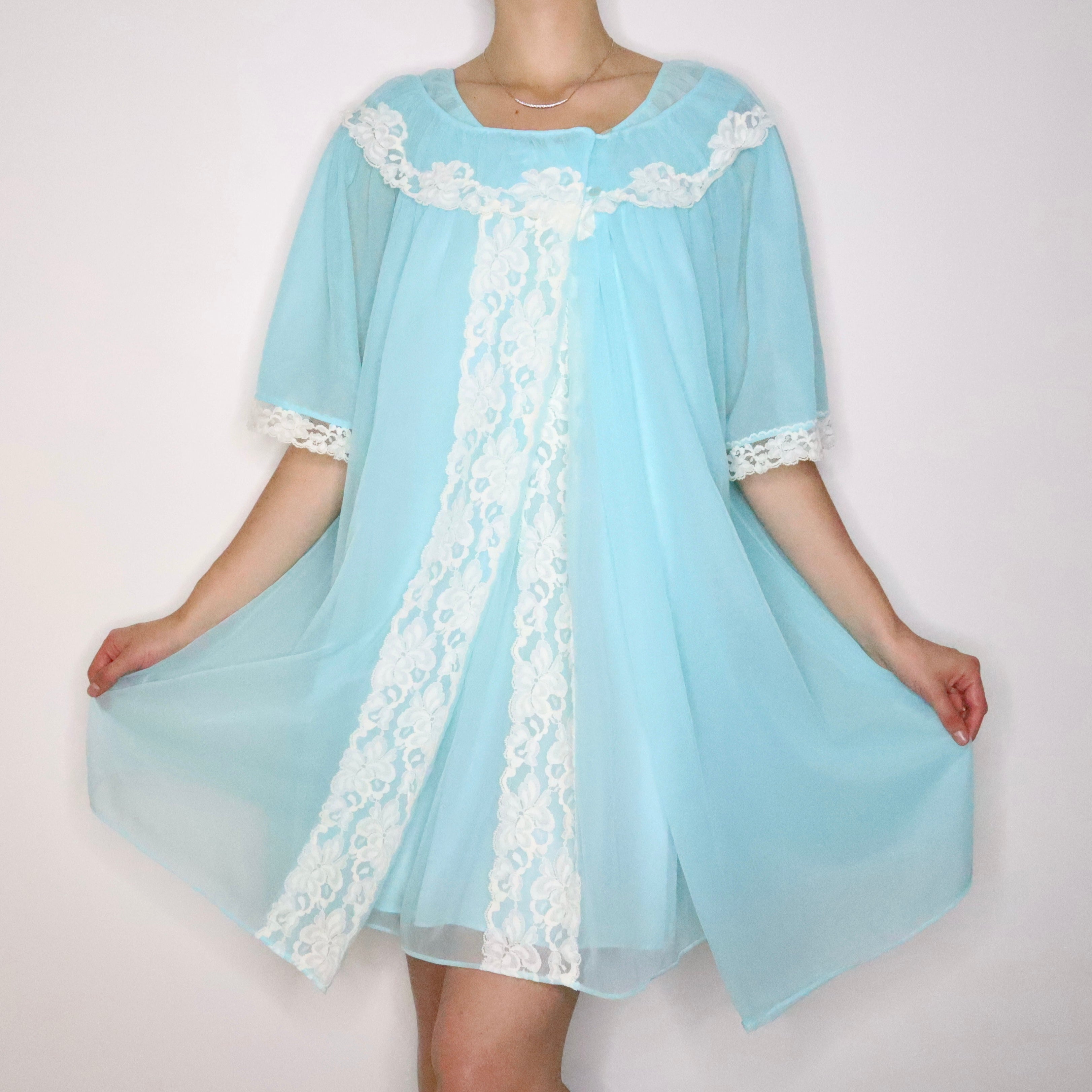 Sky Blue Babydoll Peignoir Set (Large)