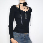 Black Long Sleeve Henley Top (XS) 