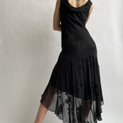 90s Black floral beaded maxi dress (L)