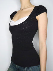 Black Pointelle Milkmaid Blouse (XS-S) 