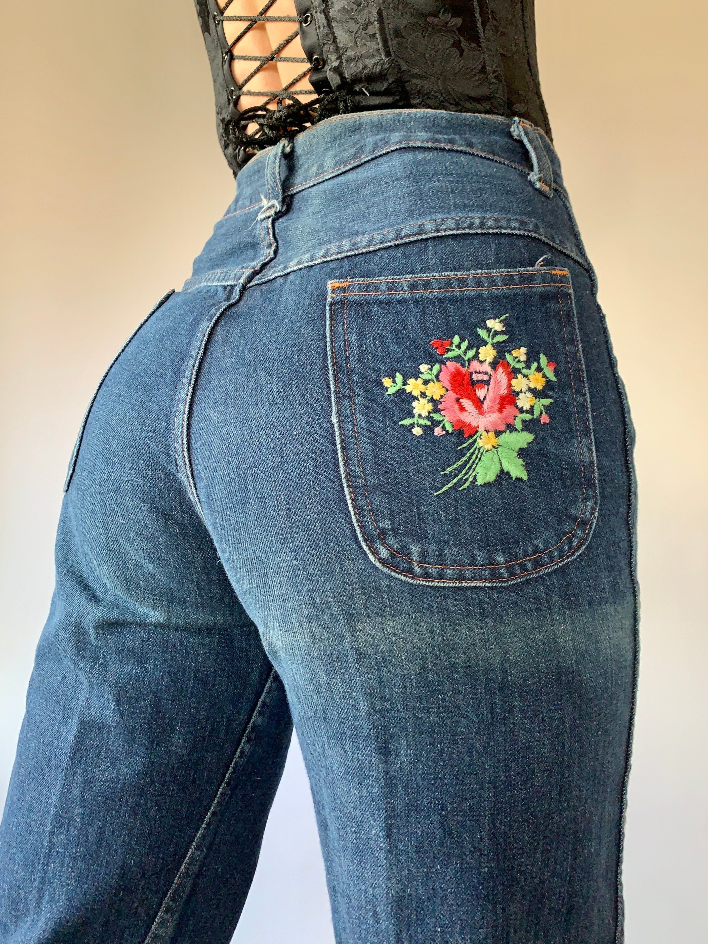 Vintage 1970s Embroidered Jeans (XS)