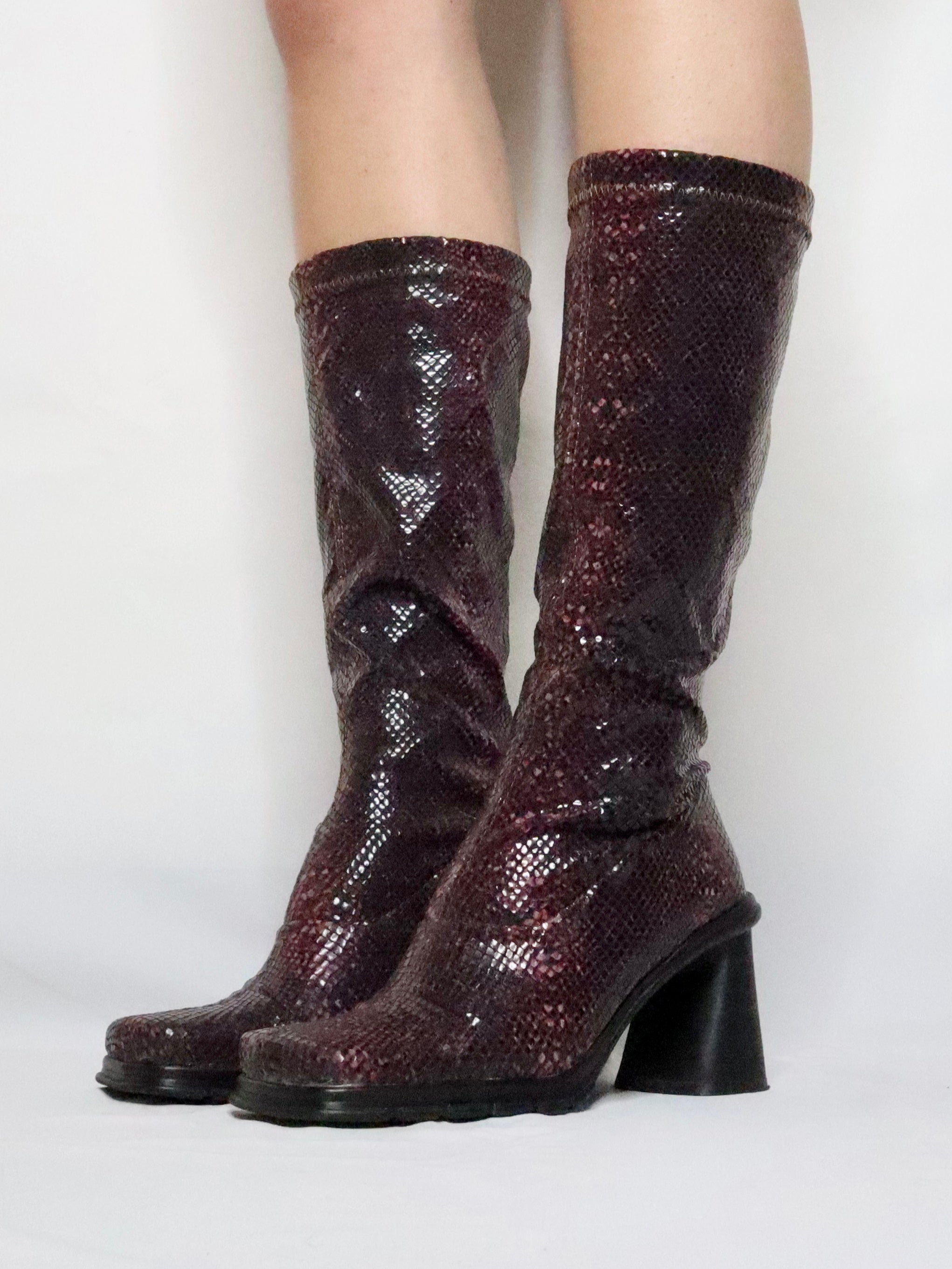 Maroon Faux Snakeskin Boots (6 US/36 IT)