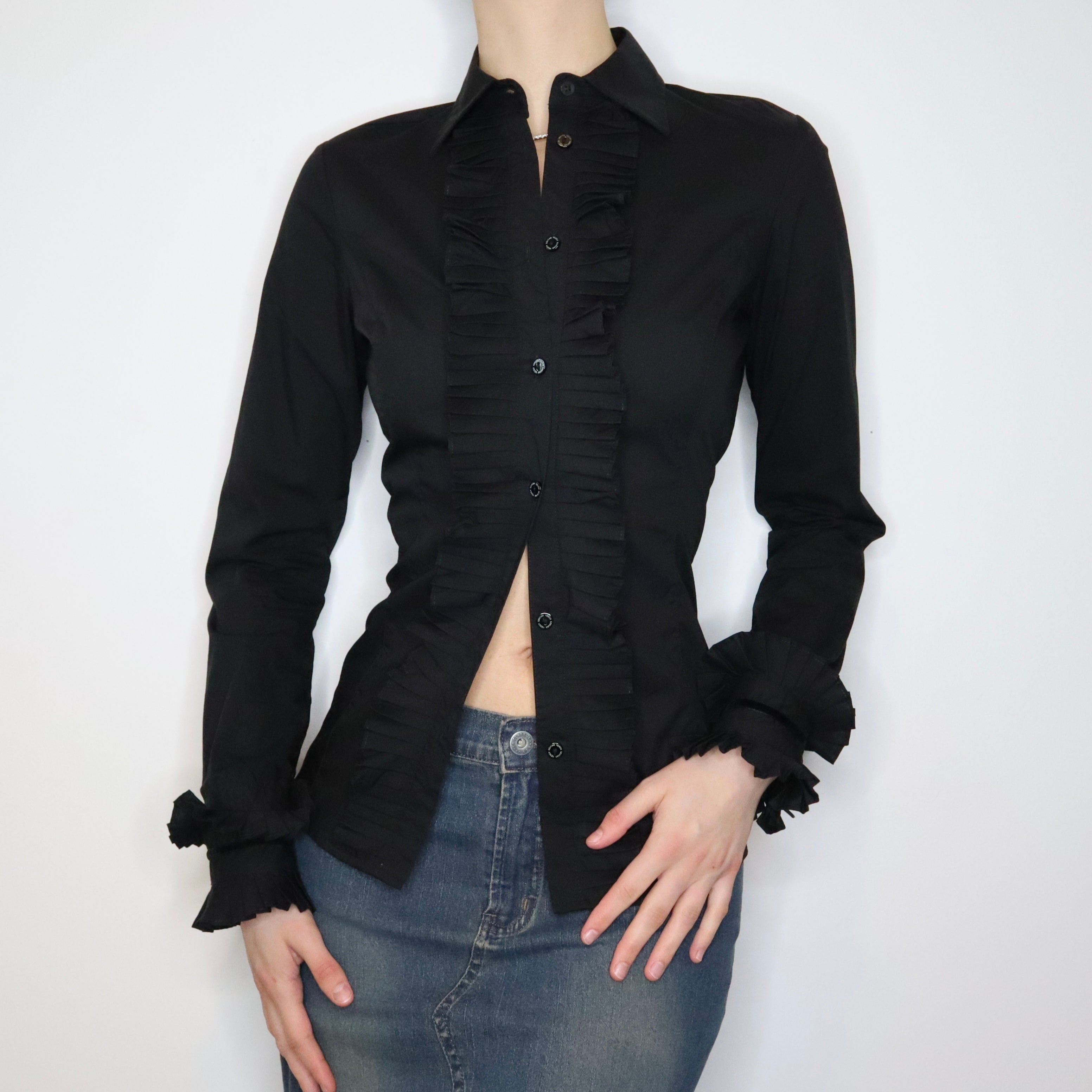 Black Ruffled Button Up Blouse (Medium) 