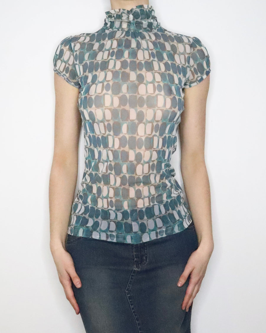 Blue Mesh Print Top (S-M) 