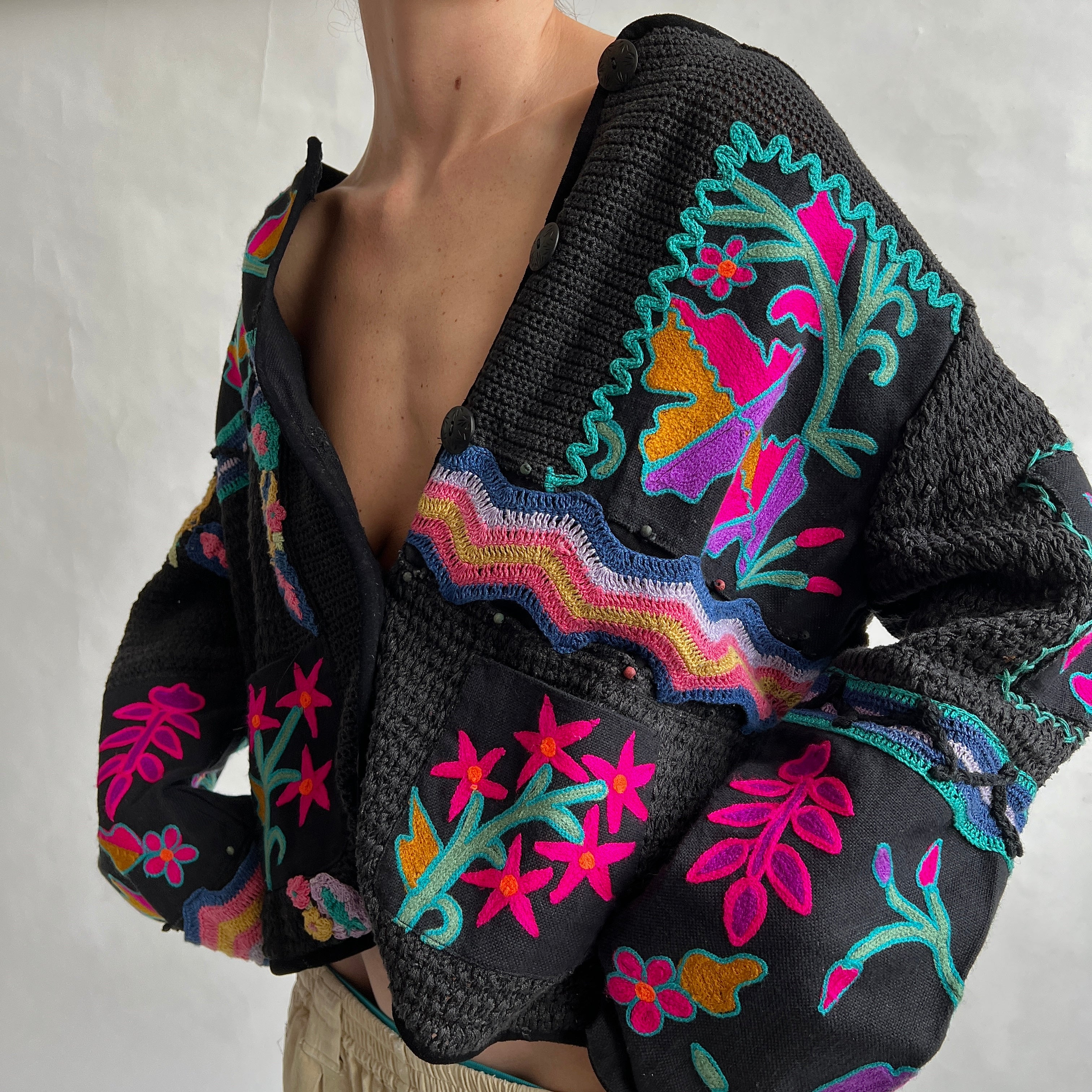 Vintage eclectic knit/suede cardigan