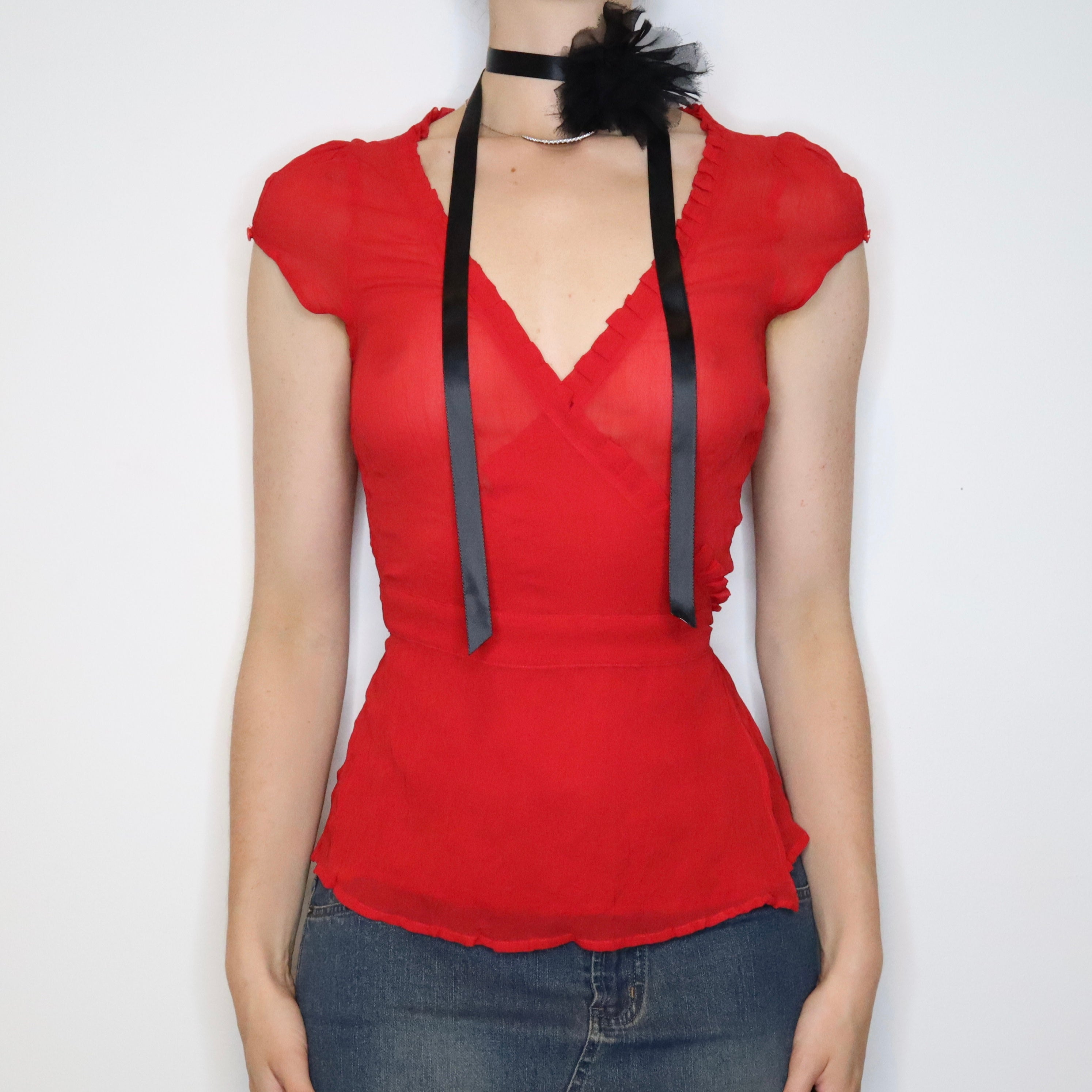 Red Silk Chiffon Blouse (S-M) 