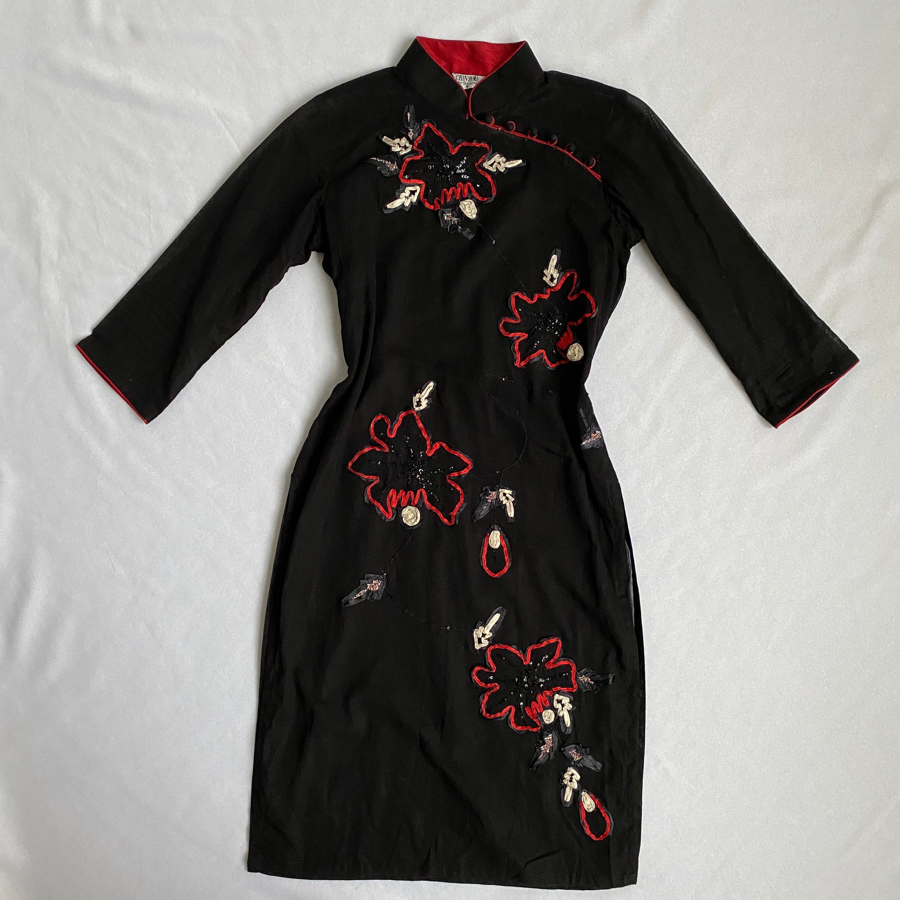 Sheer embroidered cheongsam dress