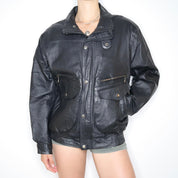 90s Oversized Black Leather Bomber Jacket (XL)