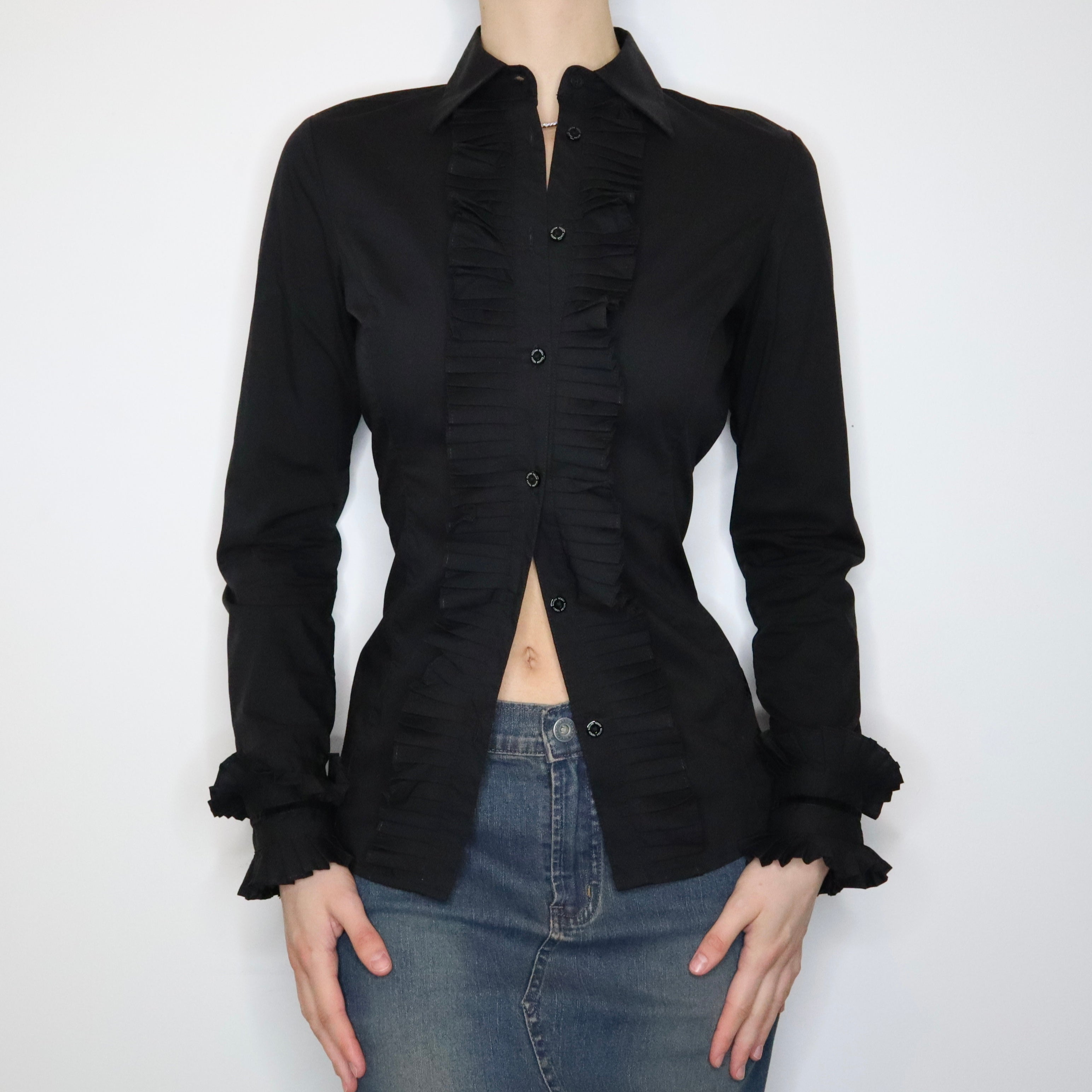Black Ruffled Button Up Blouse (Medium) 