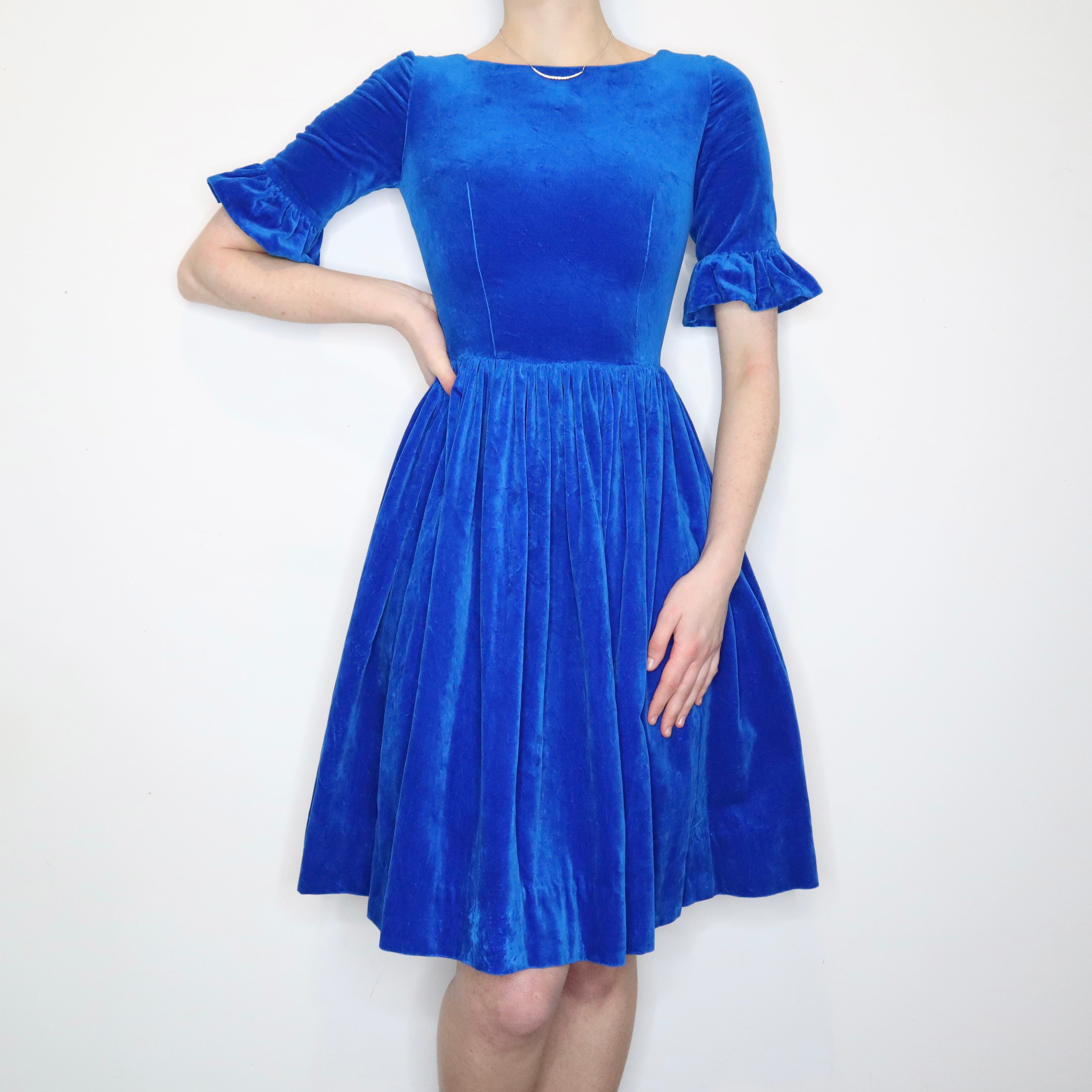 Bright Blue Velvet Cocktail Dress (XS)