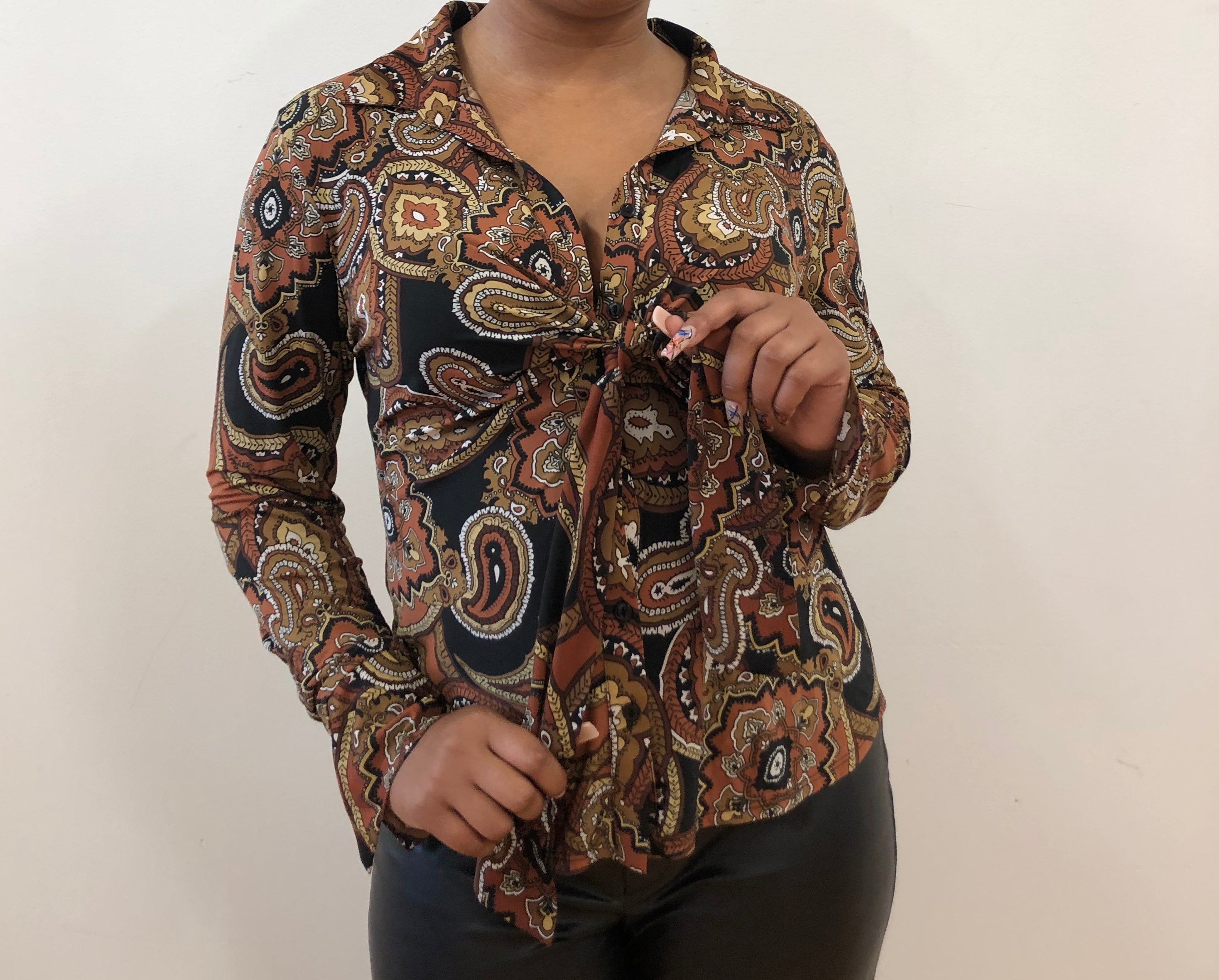 Brown tie button up top