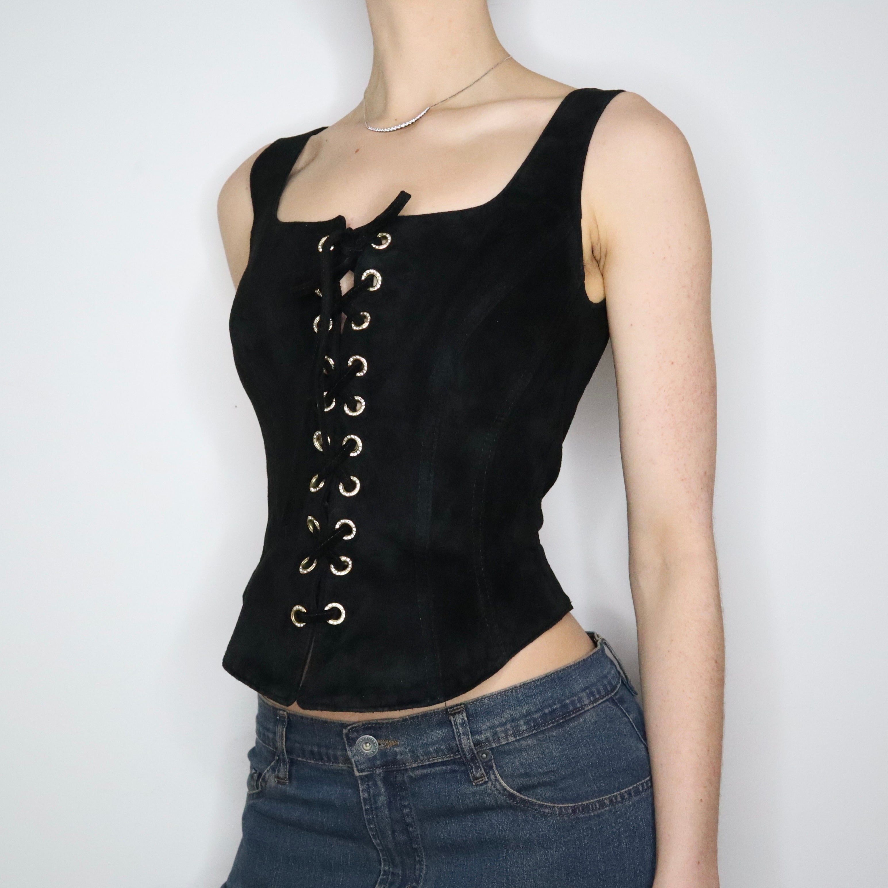 90s Black Suede Lace Up Corset (S)