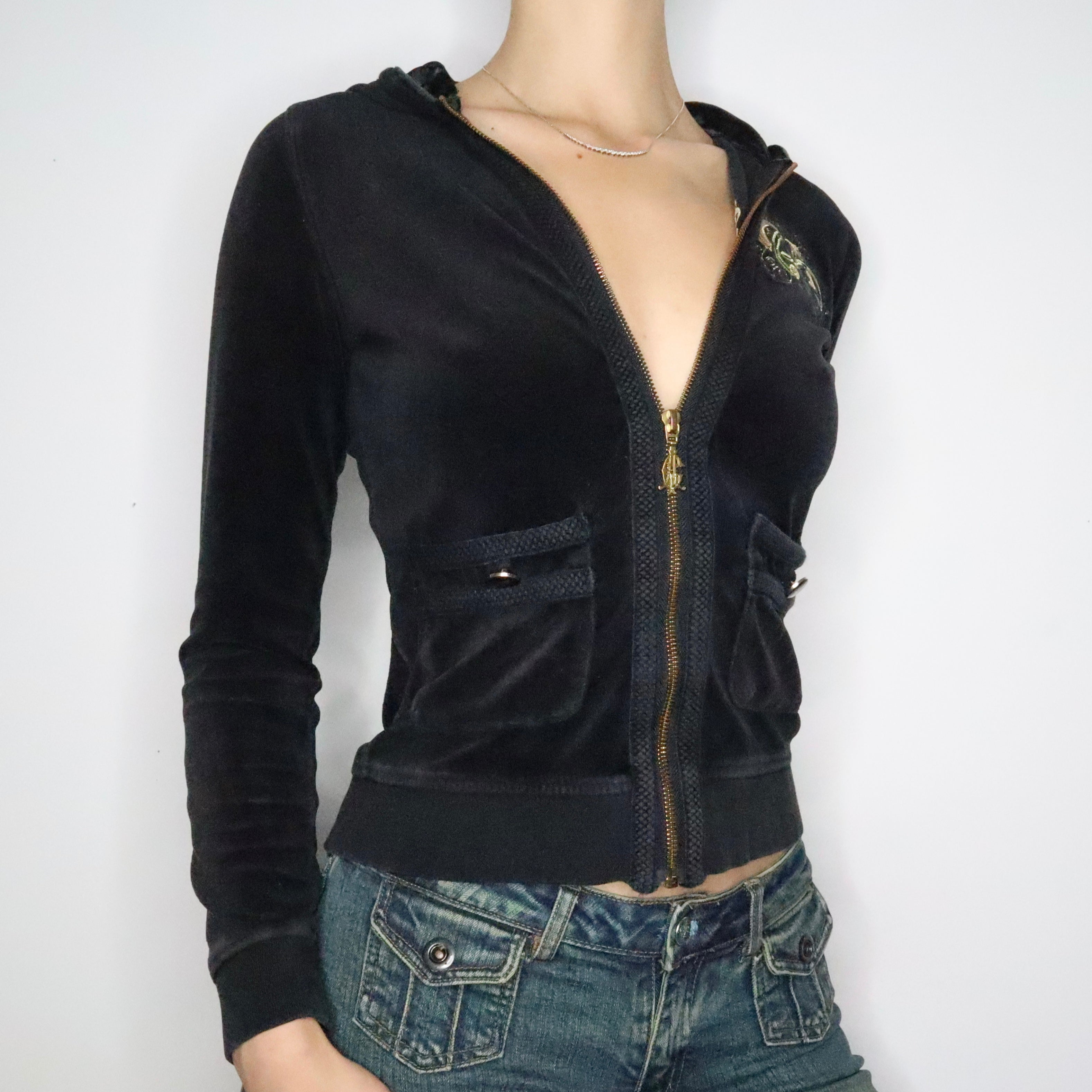 Black Velour Zip Up Hoodie (S-M)