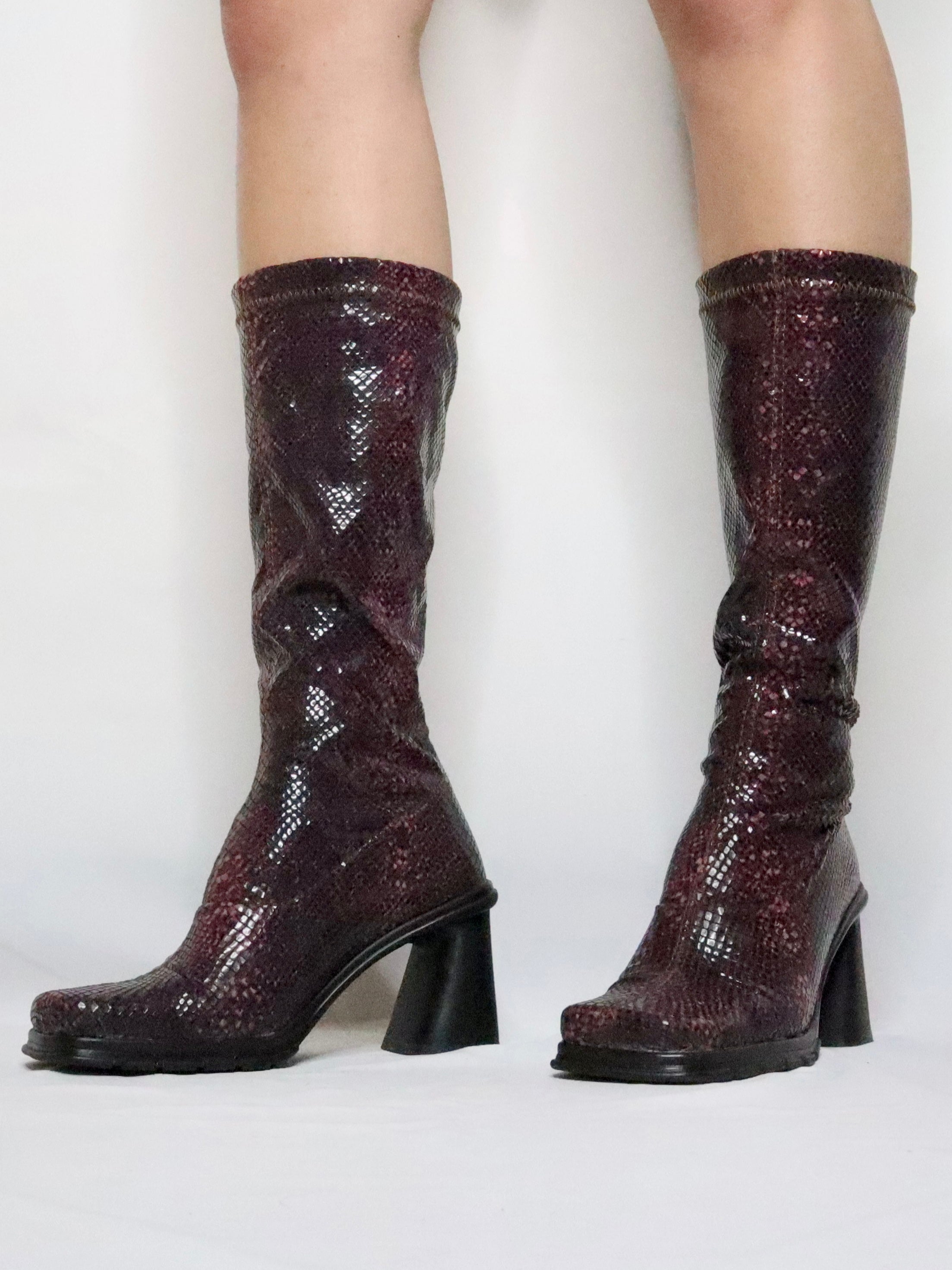 Maroon Faux Snakeskin Boots (6 US/36 IT)