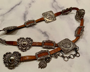 1993 BRIGHTON BELT – LEATHER – SILVER – CONCHOS & CHAIN DESIGN