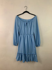 No shoulder blue ruffle dress