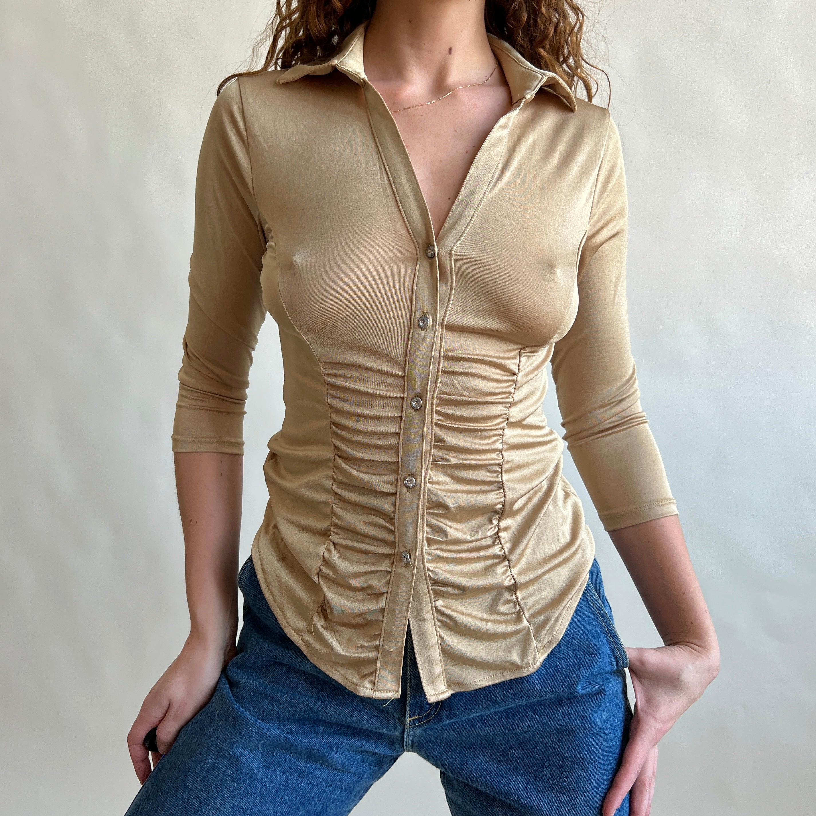 gold satin button up