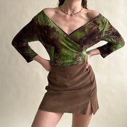 90s green brown wrap knit top