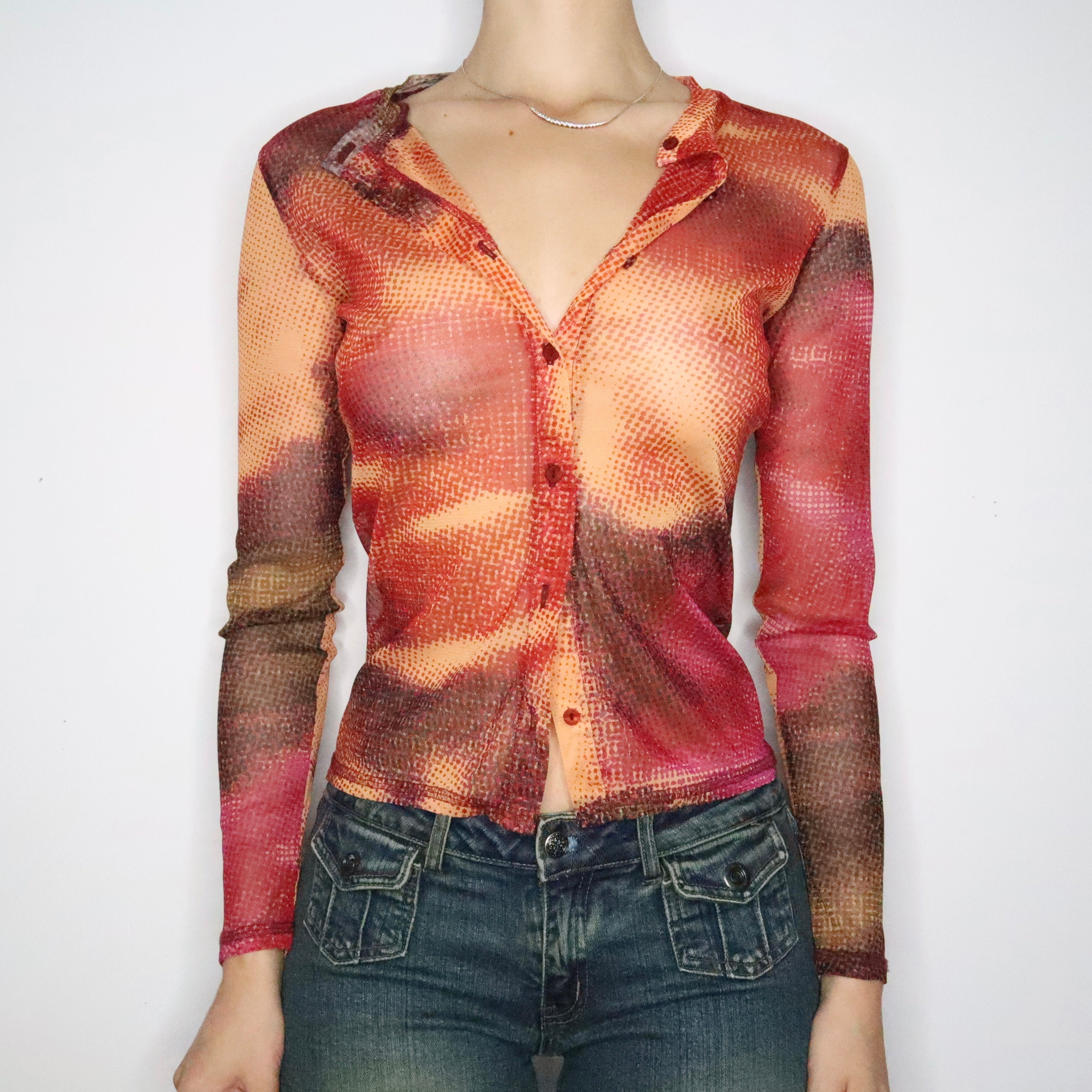 French Graphic Mesh Blouse (Medium)