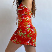Y2K orange tropical halter mini dress (s)