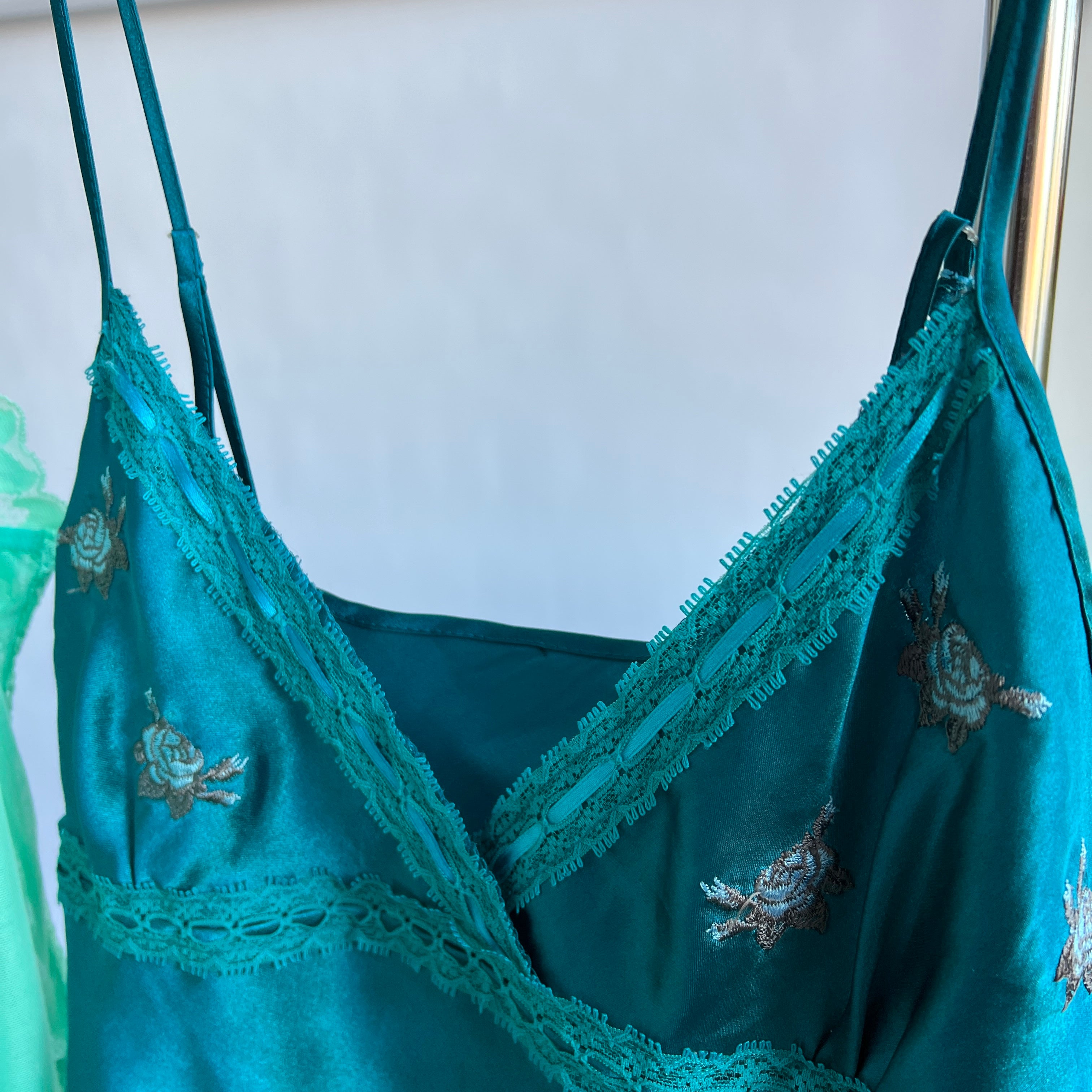 Teal satin embroidered flower slip