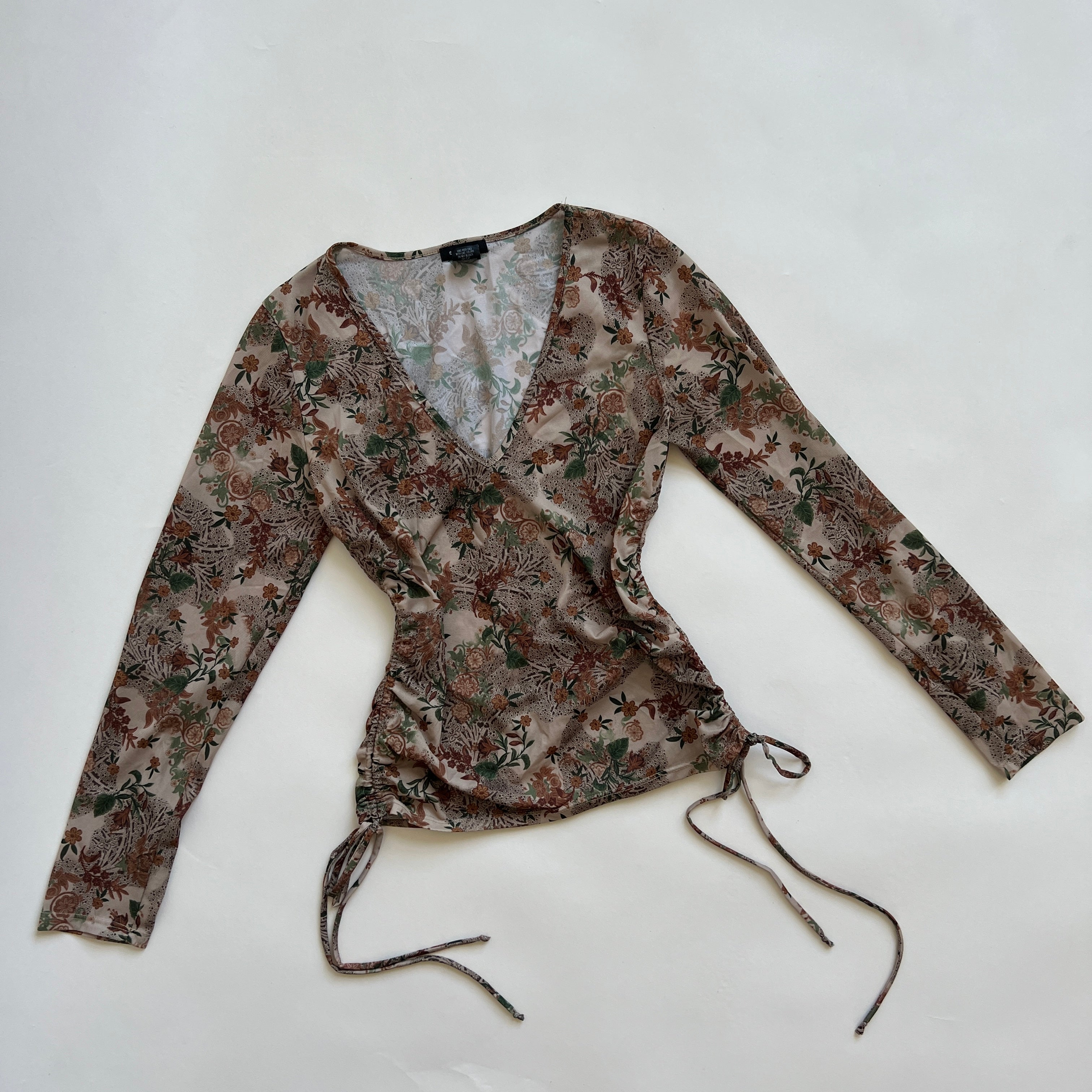 00s brown print semi sheer top