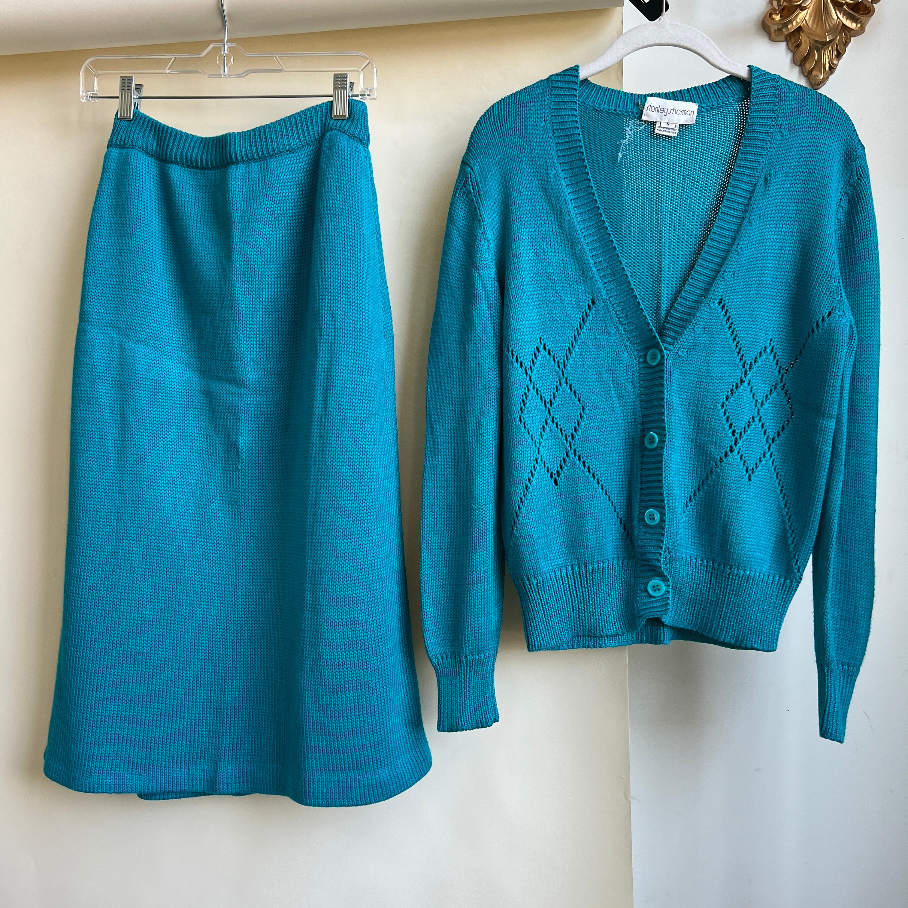 teal silk sweater set