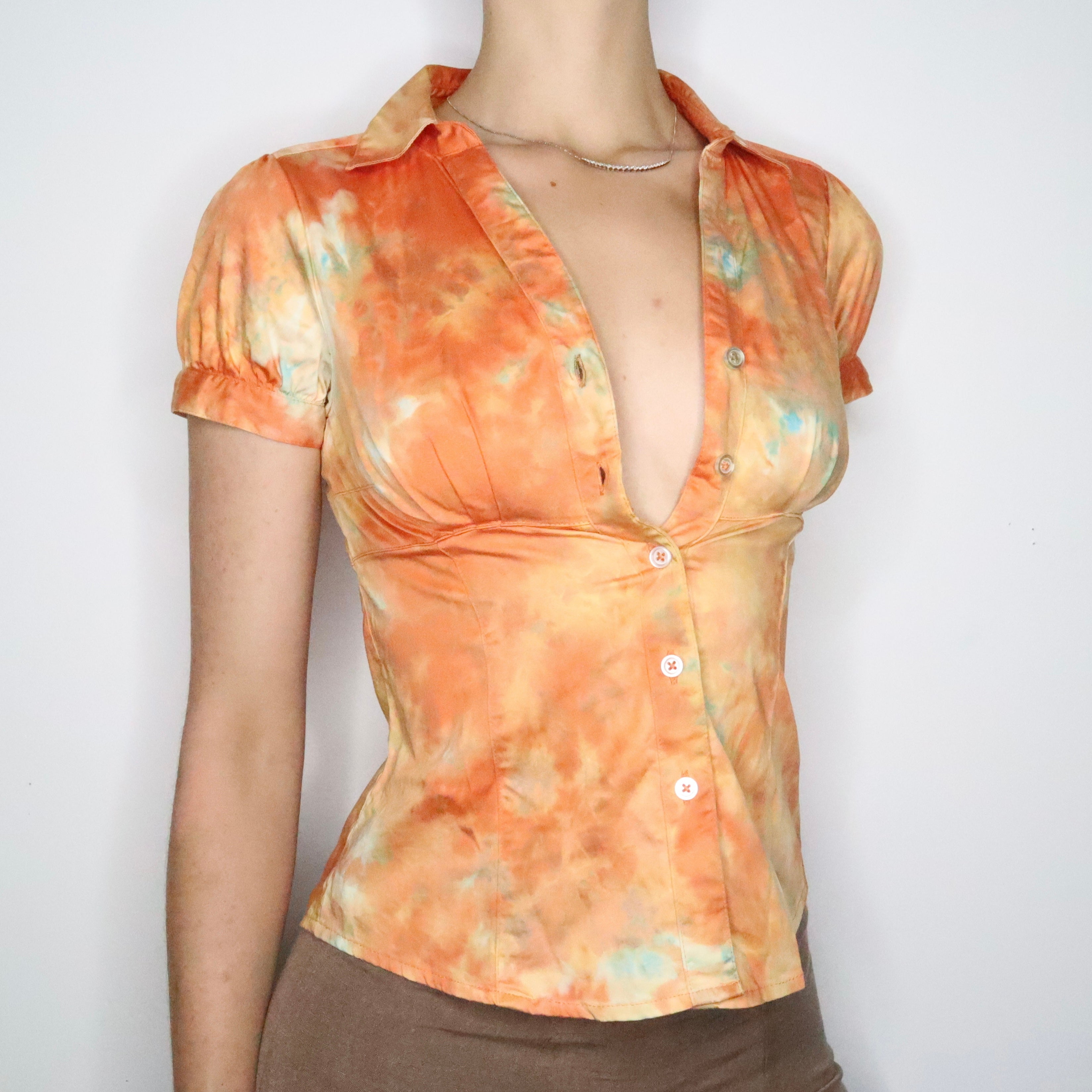 Orange Tie Dye Button Up Blouse (XS-S) 