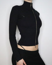 Black Ribbed Zip Up Sweater (XS-S) 