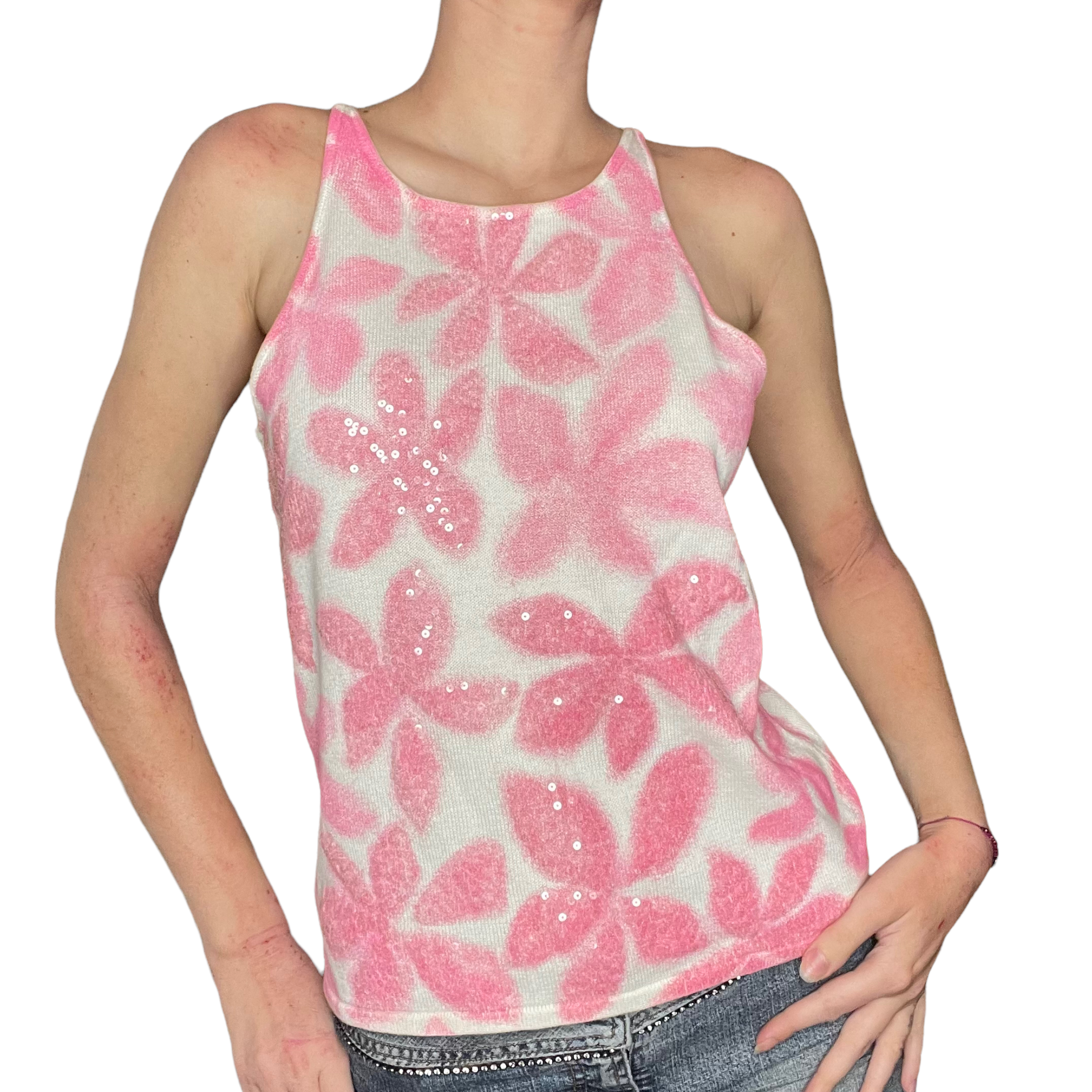 Pink tropical sequin knit top