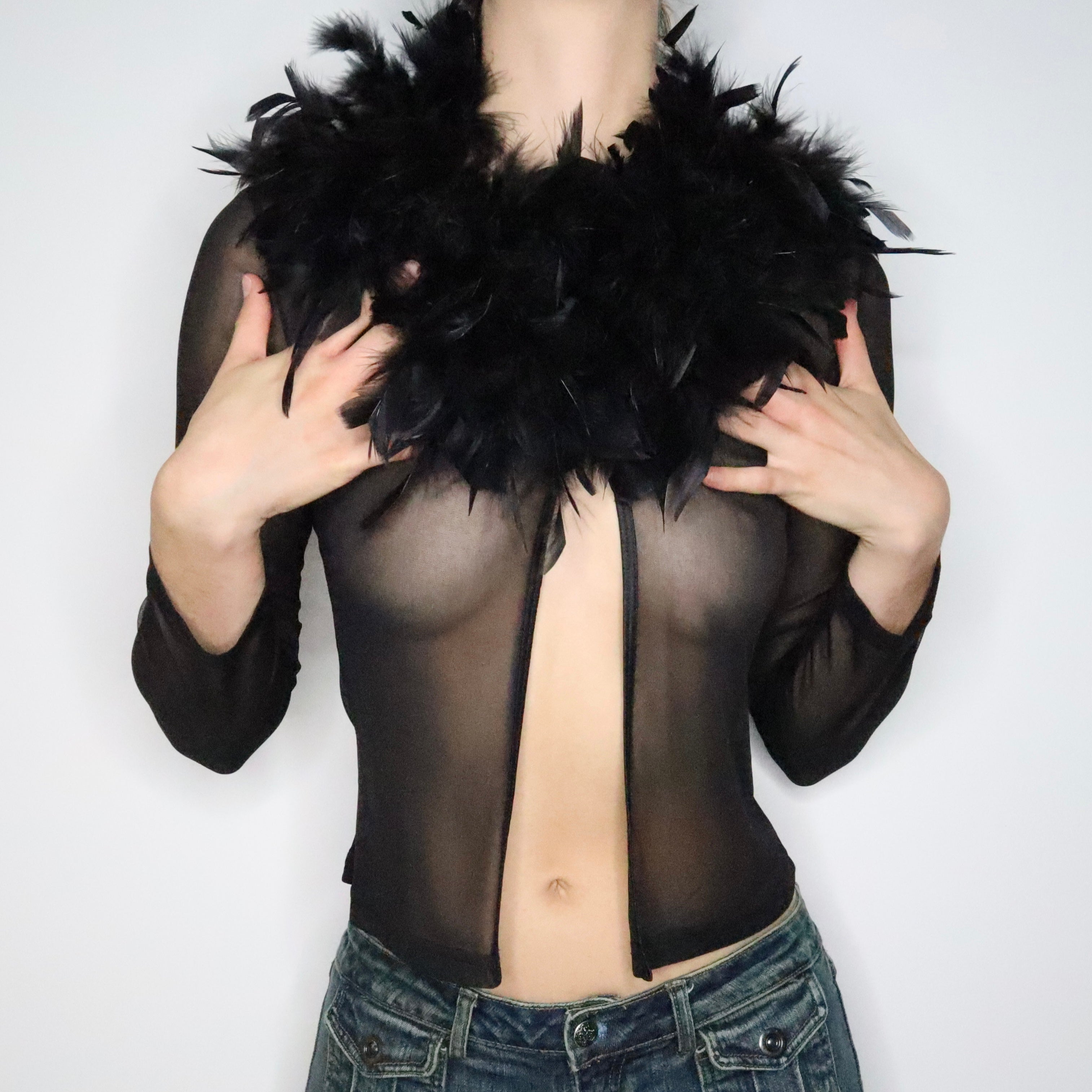 Black Feather Trim Cardigan (S-M)