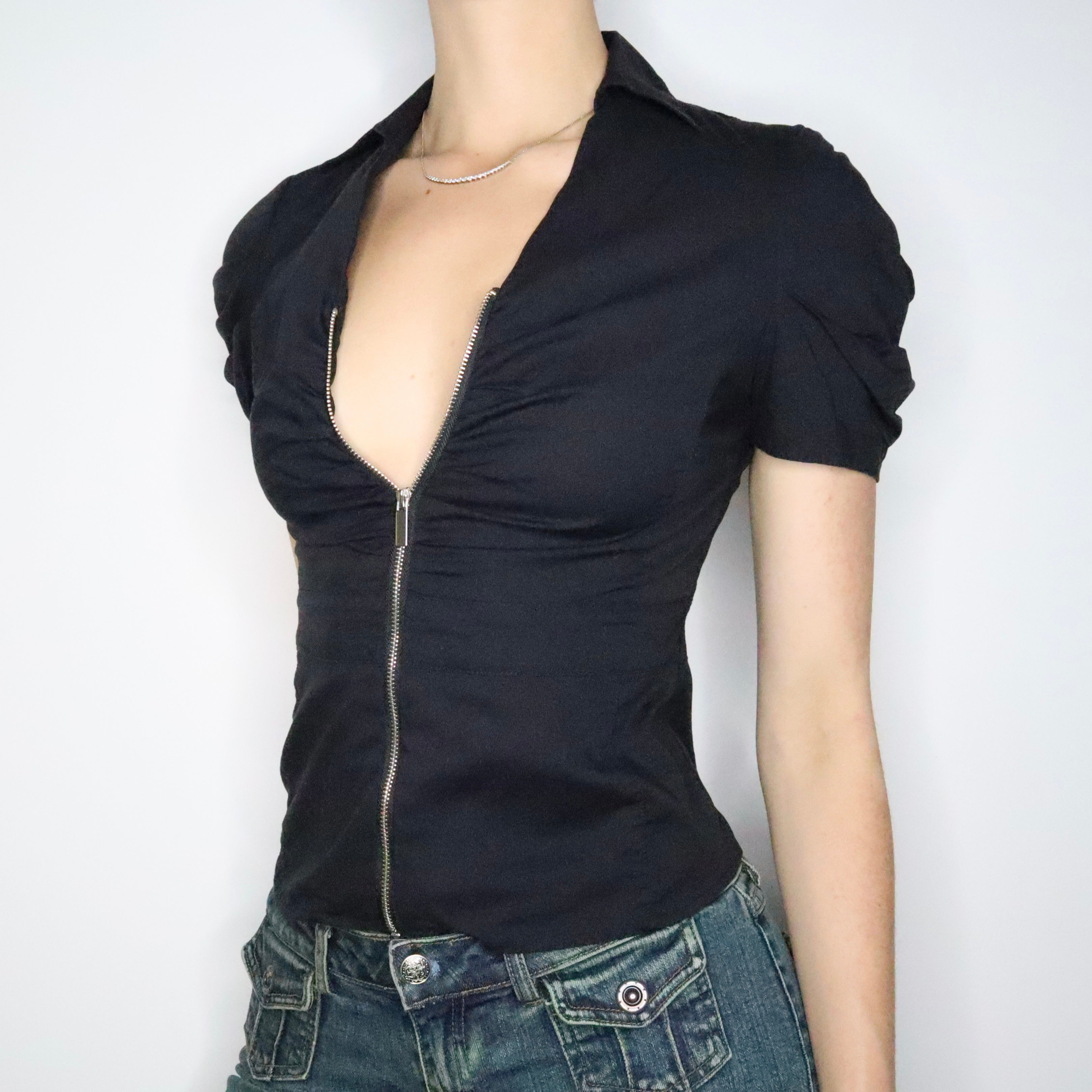 Black Zip Up Blouse (S-M)